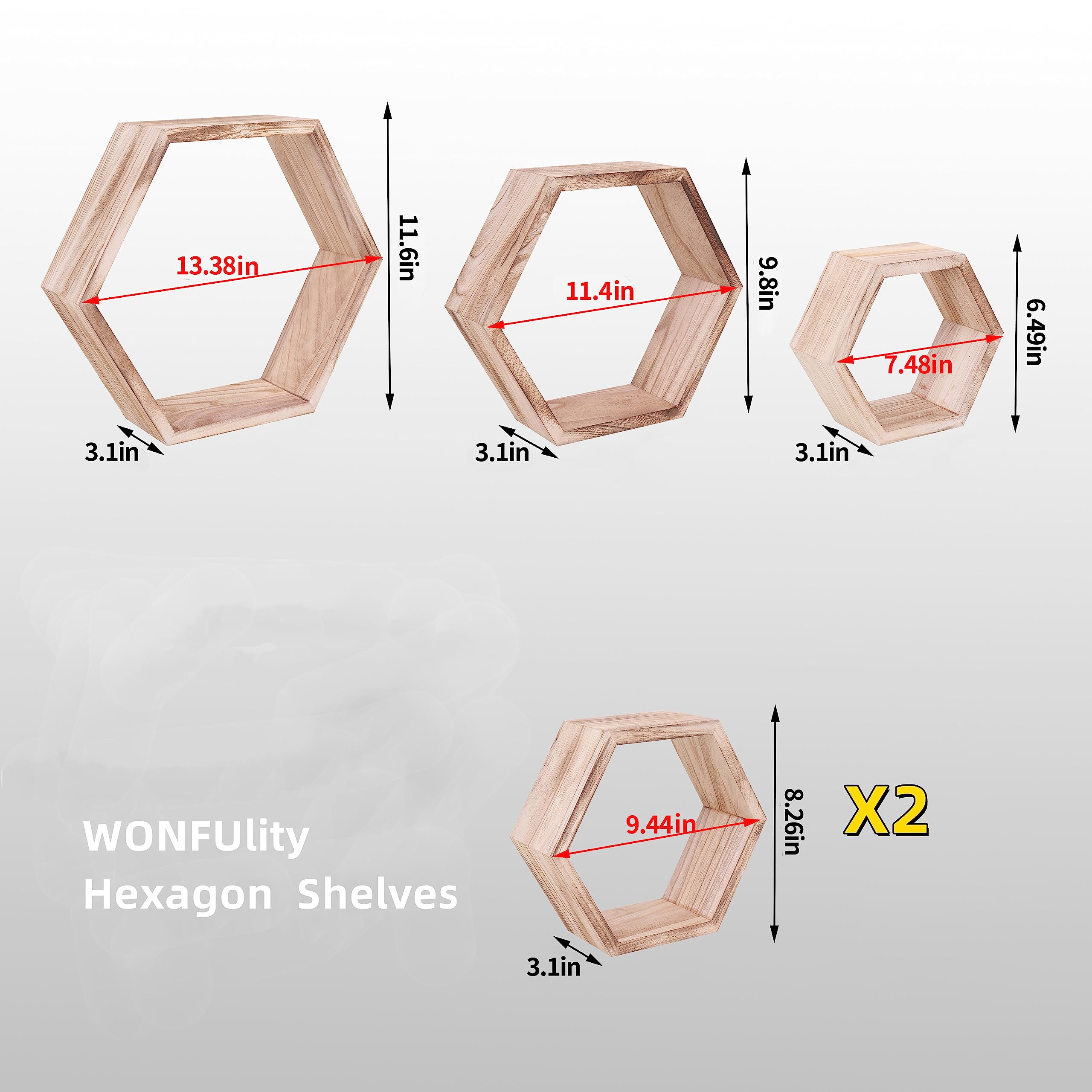WONFUlity Estantes flotantes hexagonales de panal de abeja montados en la pared, estante de pared de almacenamiento de madera para baño, cocina, dormitorio, sala de estar, decoración con acabado de