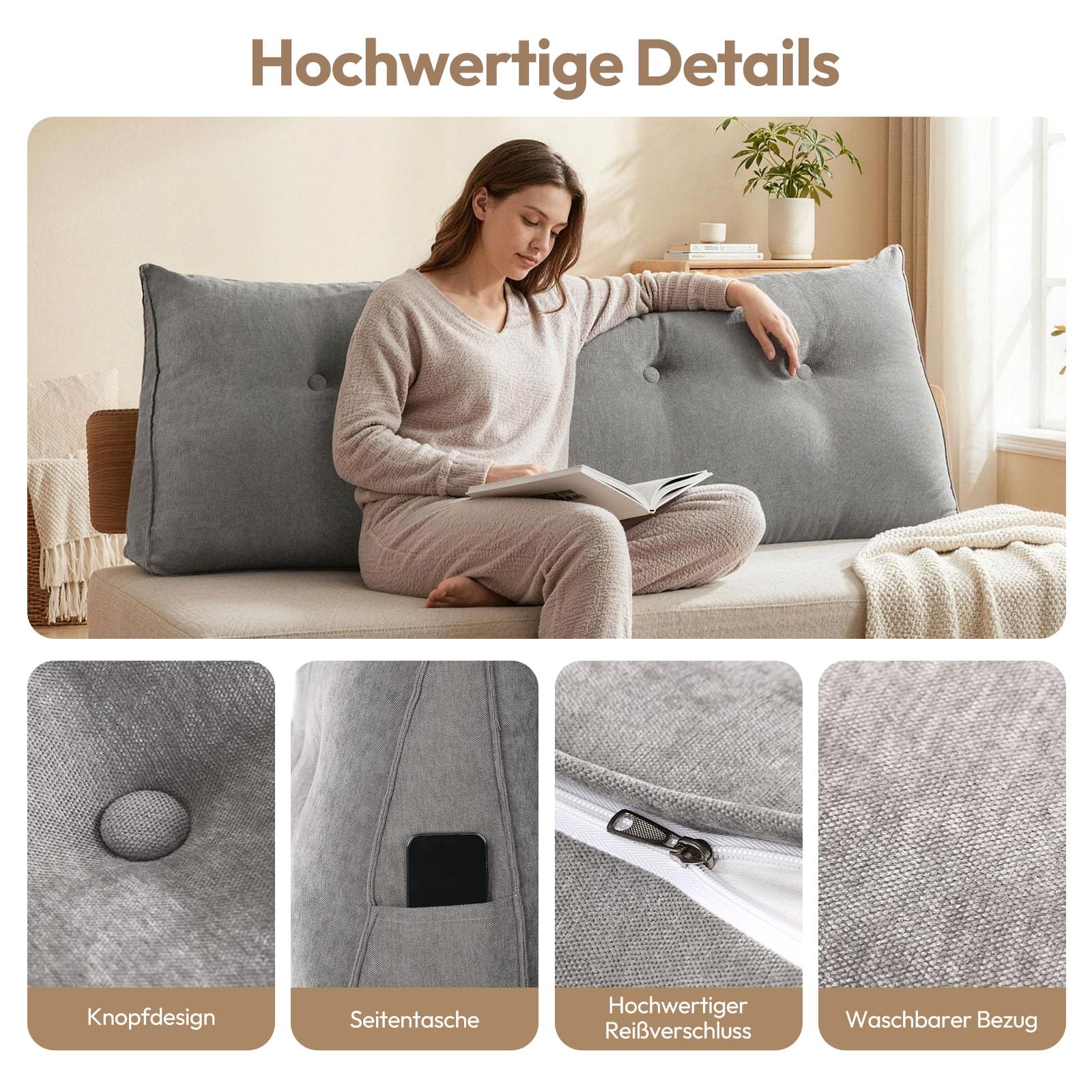 Treeboy Keilkissen Wandkissen Bett Kopfteil Bezug Sofakissen Rückenkissen | Lesekissen Für Bett Und Sofa Matratzenkeil Couchkissen Lumbalstütze Wedge Pillow Mit Seitentasche, Grau, 90 * 50 * 20cm
