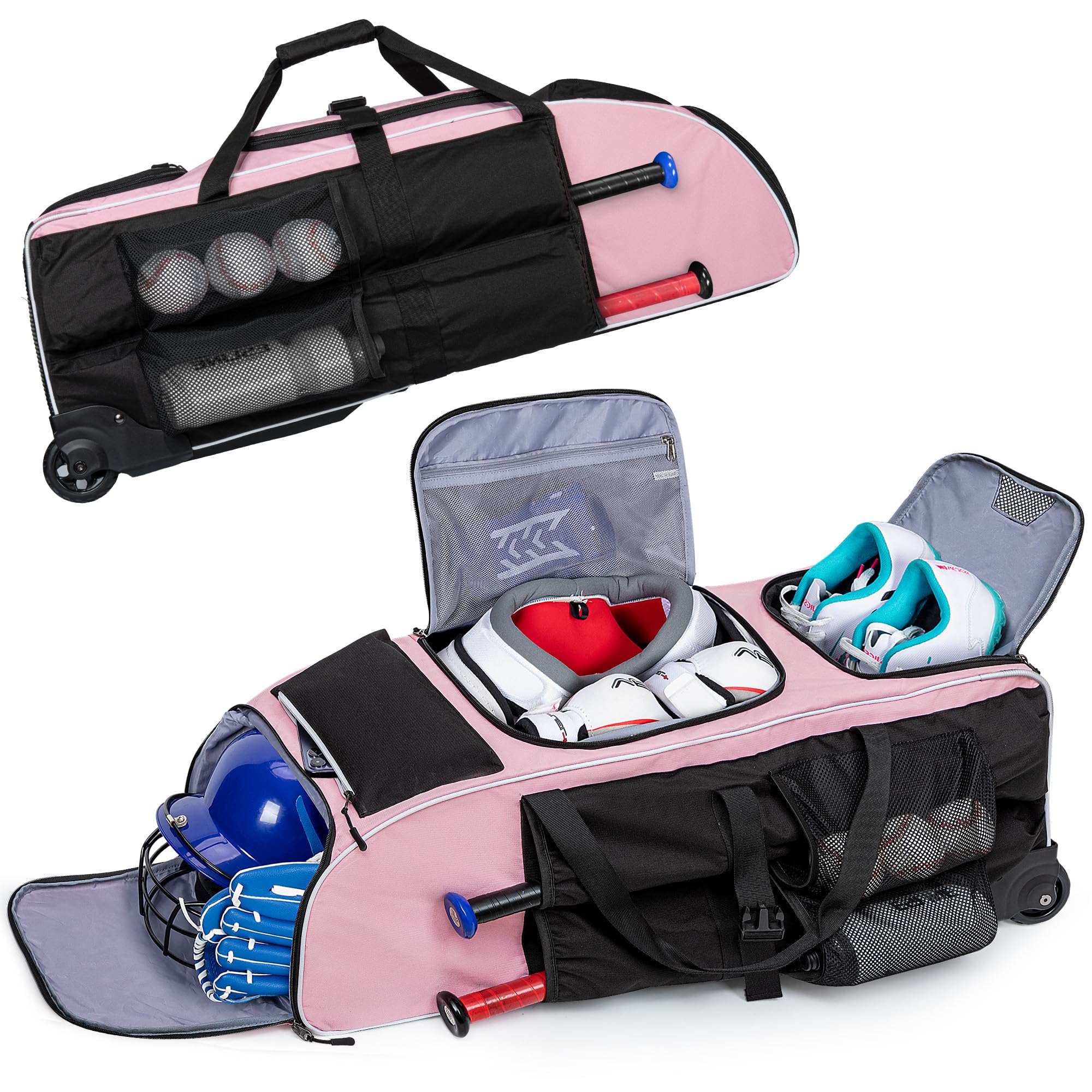 GOBUROS Rolling Baseball Bag, Large Softball Catchers Gear Bag with Wheels