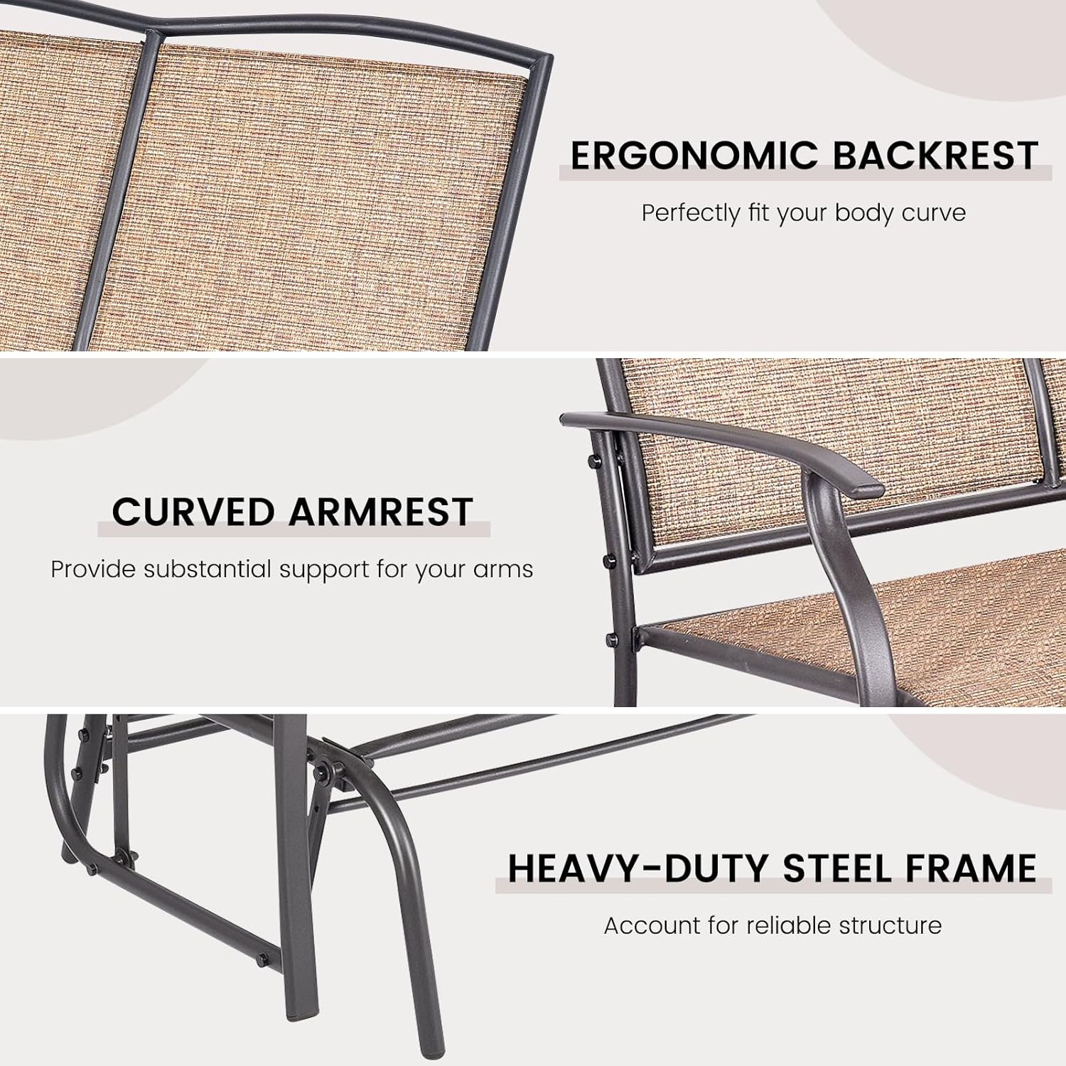 Giantex Patio Glider Bench, 400 Lbs Capacity, Steel Frame, Brown, Outdoor Swing Chair, 2-Person Loveseat, Back Support, Ergonomic Design, Superior Fabric, Natural Style
