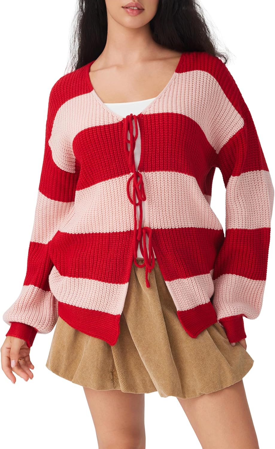 CIDER Cardigan Sweater for Women Tie Front Striped Long Sleeve V Neck Cute Y2k Fall Trendy Outfits - Image 3