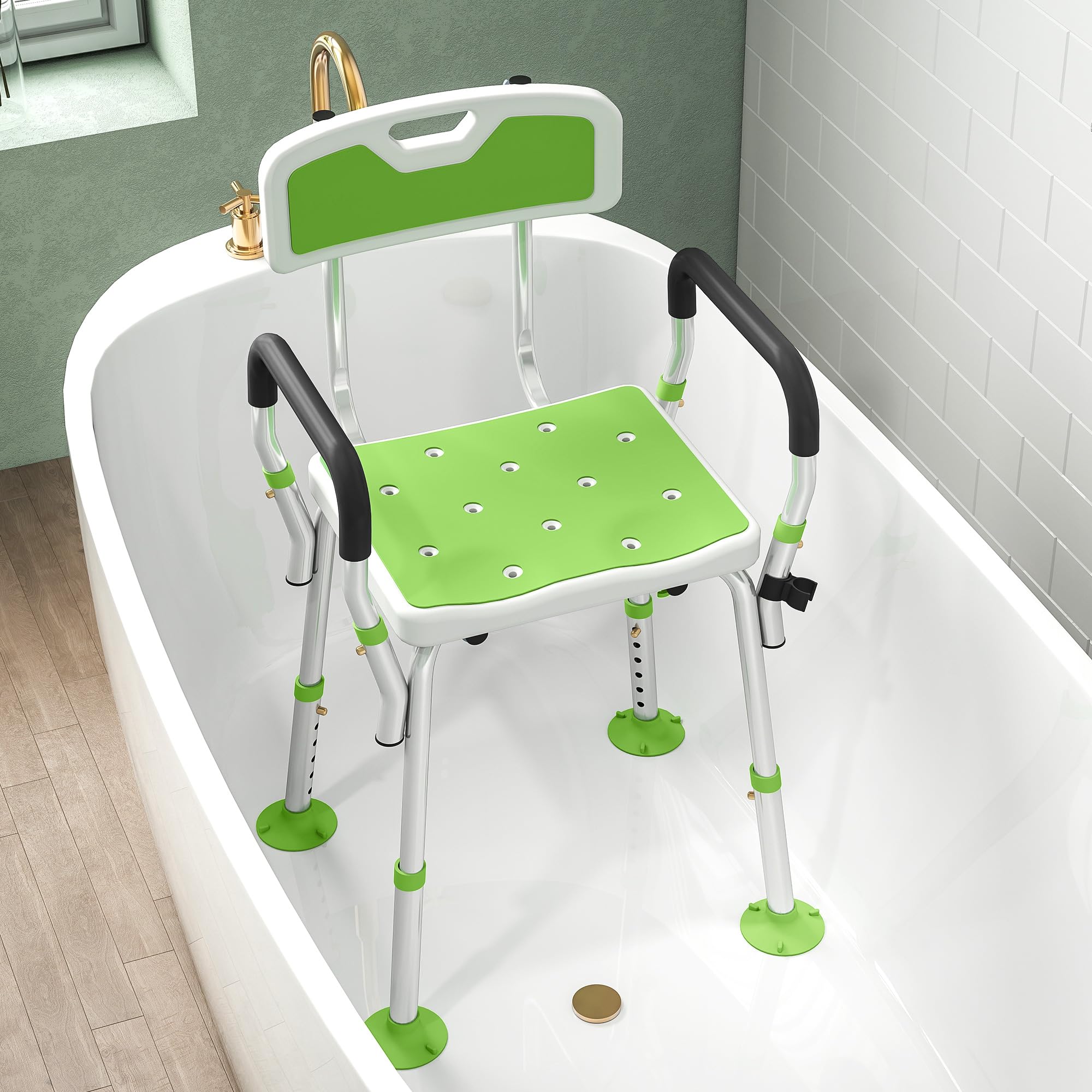 HOMCOM Silla ducha acolchada EVA para ancianos y discapacitados verde | Taburete de ducha ajustable en altura con respaldo y brazos, 4 patas de ventosa