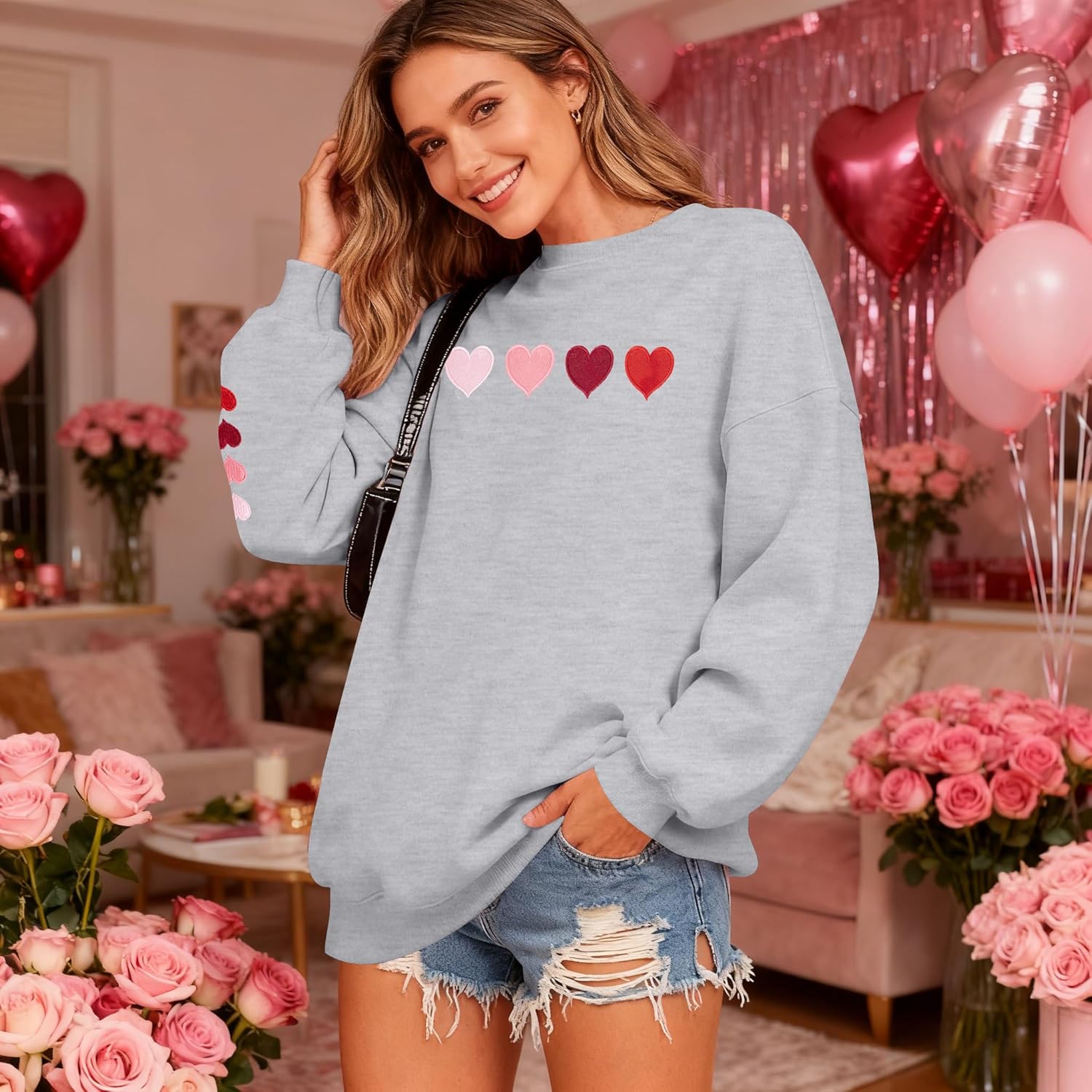 MYHALF Valentines Day Sweatshirts Valentine Shirts: Womens Love Heart Long Sleeve Tops Oversized Patch Crewneck Pullover