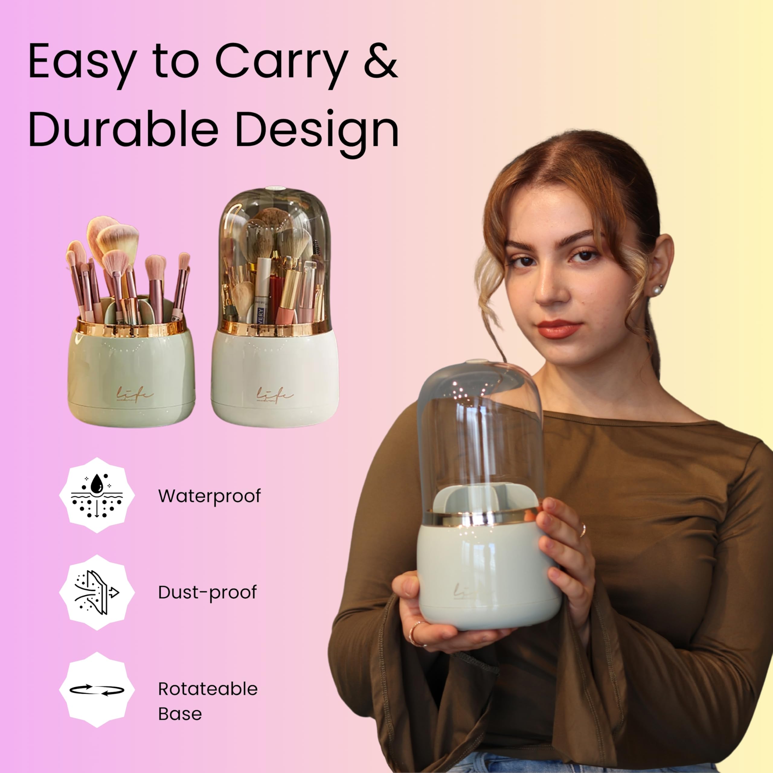 Glamorous Gem 360° Rotating Makeup Organiser Brush Holder with Dustproof Lid, spinning Cosmetic Organiser Acrylic - Image 4