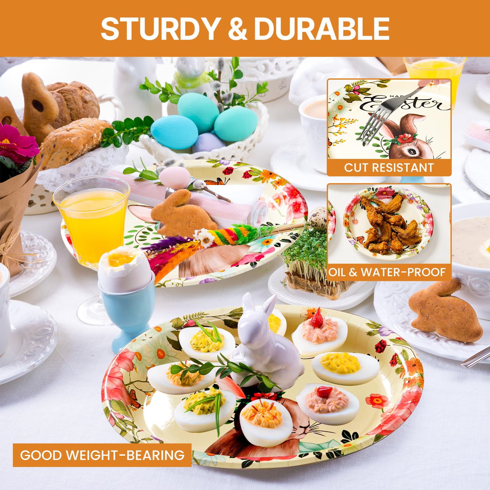 36 Assiettes En Carton Pâques - Format Ovale 32x26cm, Résistantes, Motifs Lapins Et Œufs
