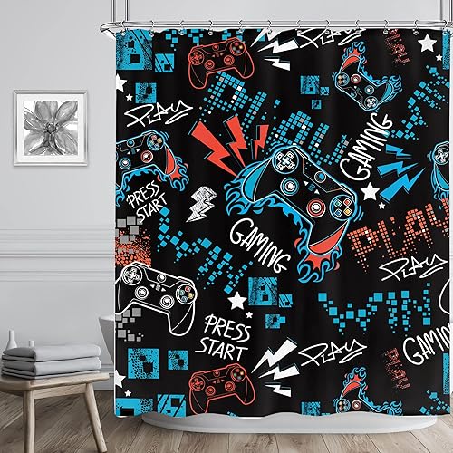 Miniatura 2 de Riyidecor Cortina de ducha de videojuegos para niños, 60 pulgadas de ancho x 72 pulgadas de alto, controlador de consola de videojuegos con graffiti