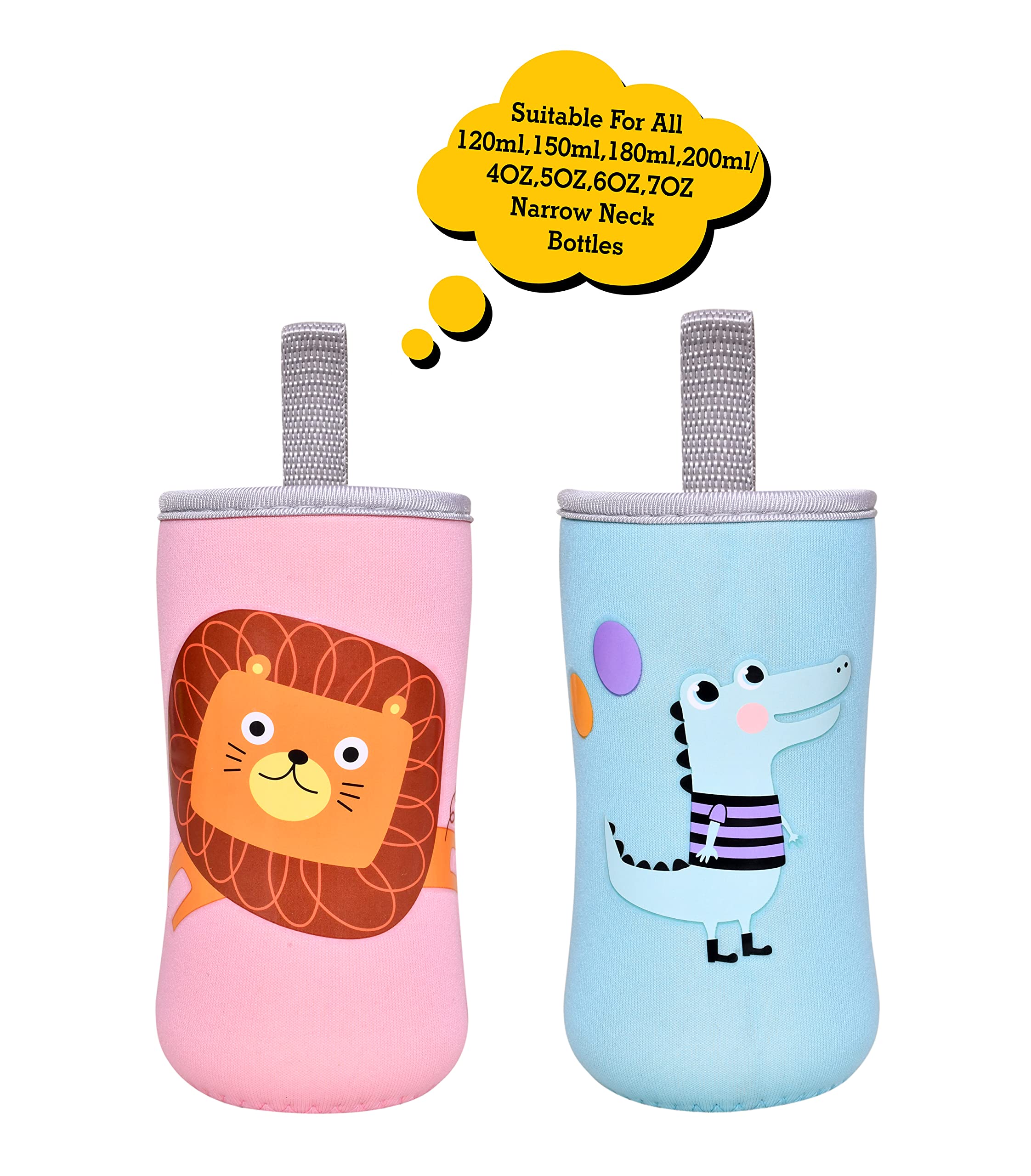 THE LITTLE LOOKERS? Cute Animated Patterned Soft Stretchable Baby Feeding Bottle Cover with Easy to Hold Strap for 120ml, 150ml, 240ml (Dinosaur & Lion, Pack of 2) - Image 2 thumbnail