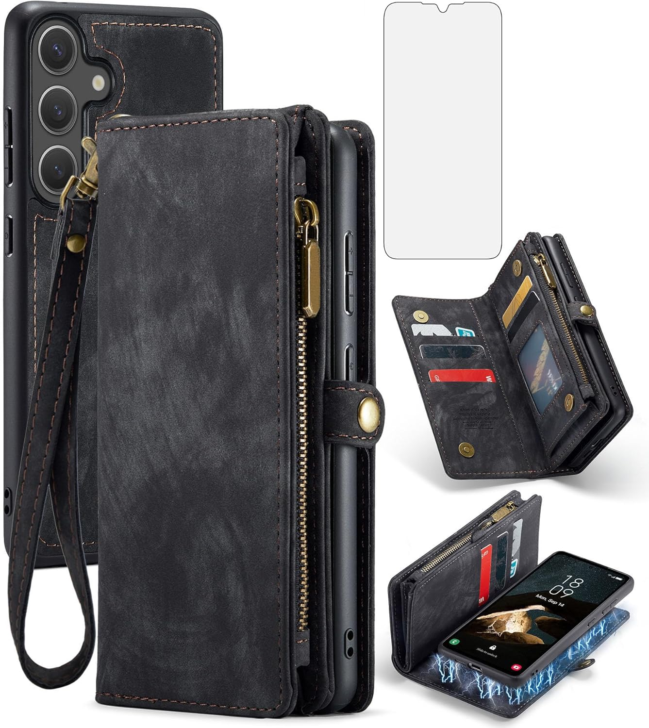 Asuwish Phone Case for Samsung Galaxy S25 5G Zipper Wallet Magnetic Detachable Cover with Tempered Glass Screen Protector and PU Leather Flip Card Holder Cell Accessories S 25 25S G5 Women Men Black