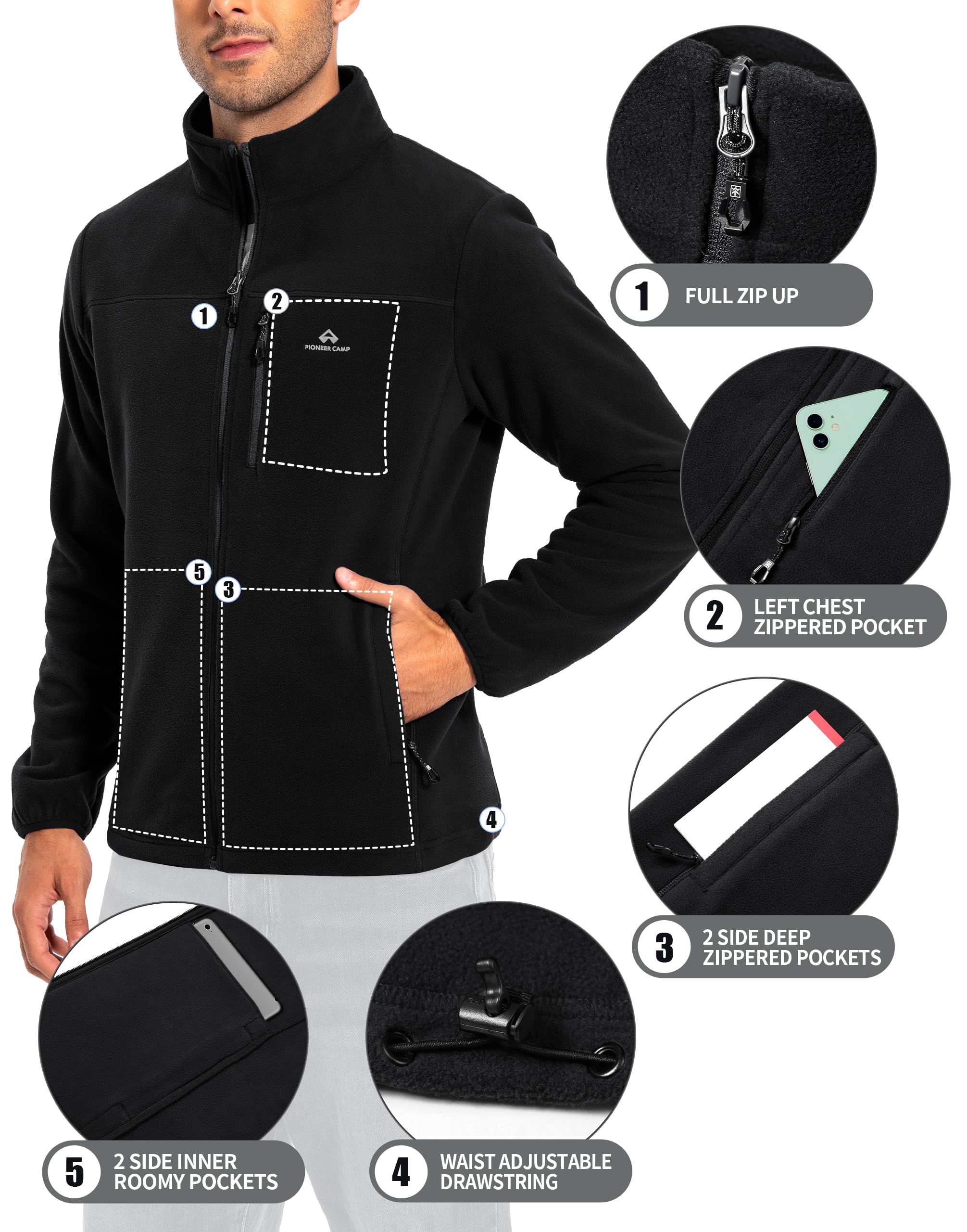 Pioneer Camp Giacca in pile da uomo Full Zip Outdoor Polar, leggera, antivento, con chiusura lampo