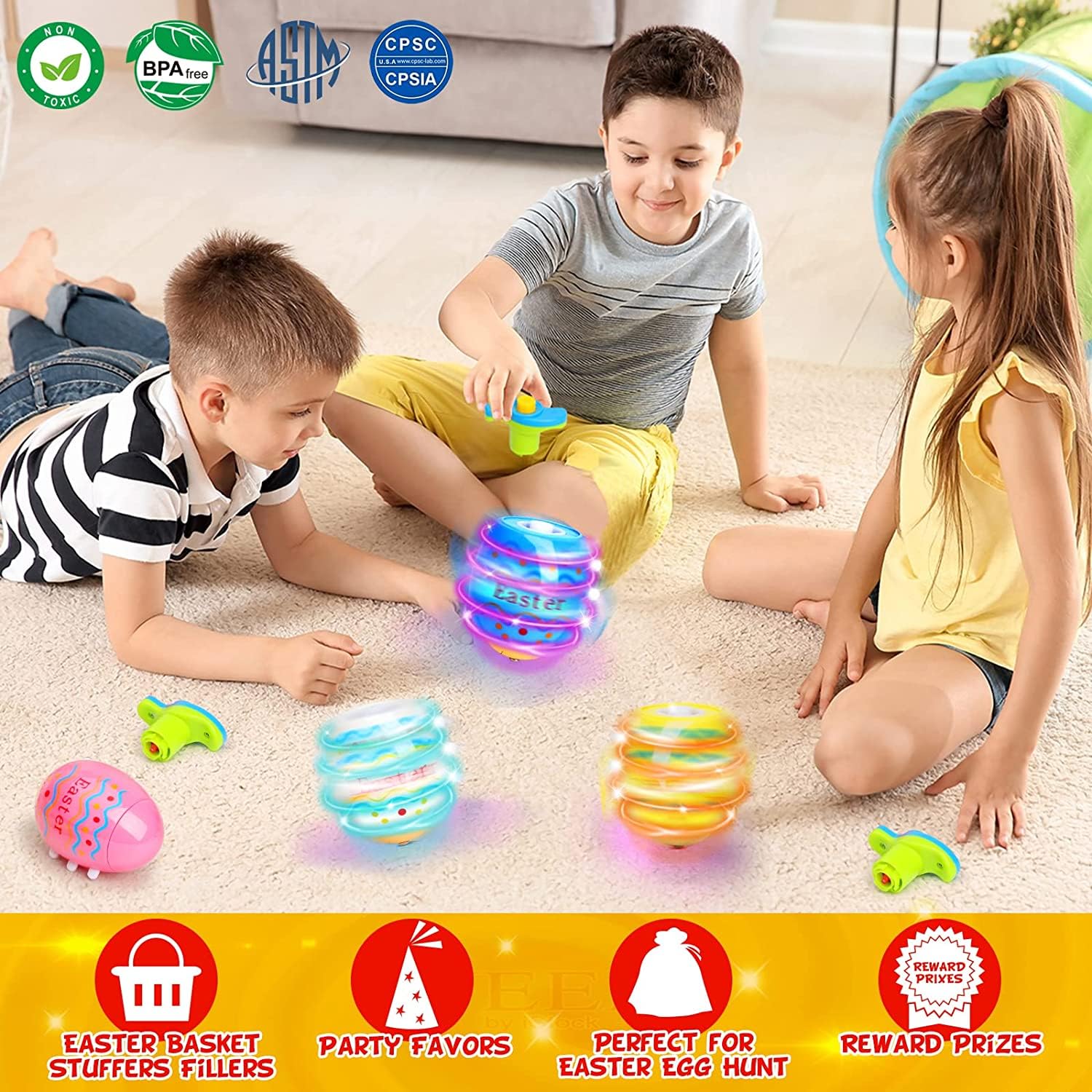Ancesfun 6 PCS Easter Eggs Spinning Tops Toy for Kids, Light Up Flashing Spin Toys with LED Gyroscope for Party Favors, Glow in The Dark Supplies, Goodie Bag Stuffers, Easter Gifts for Kids