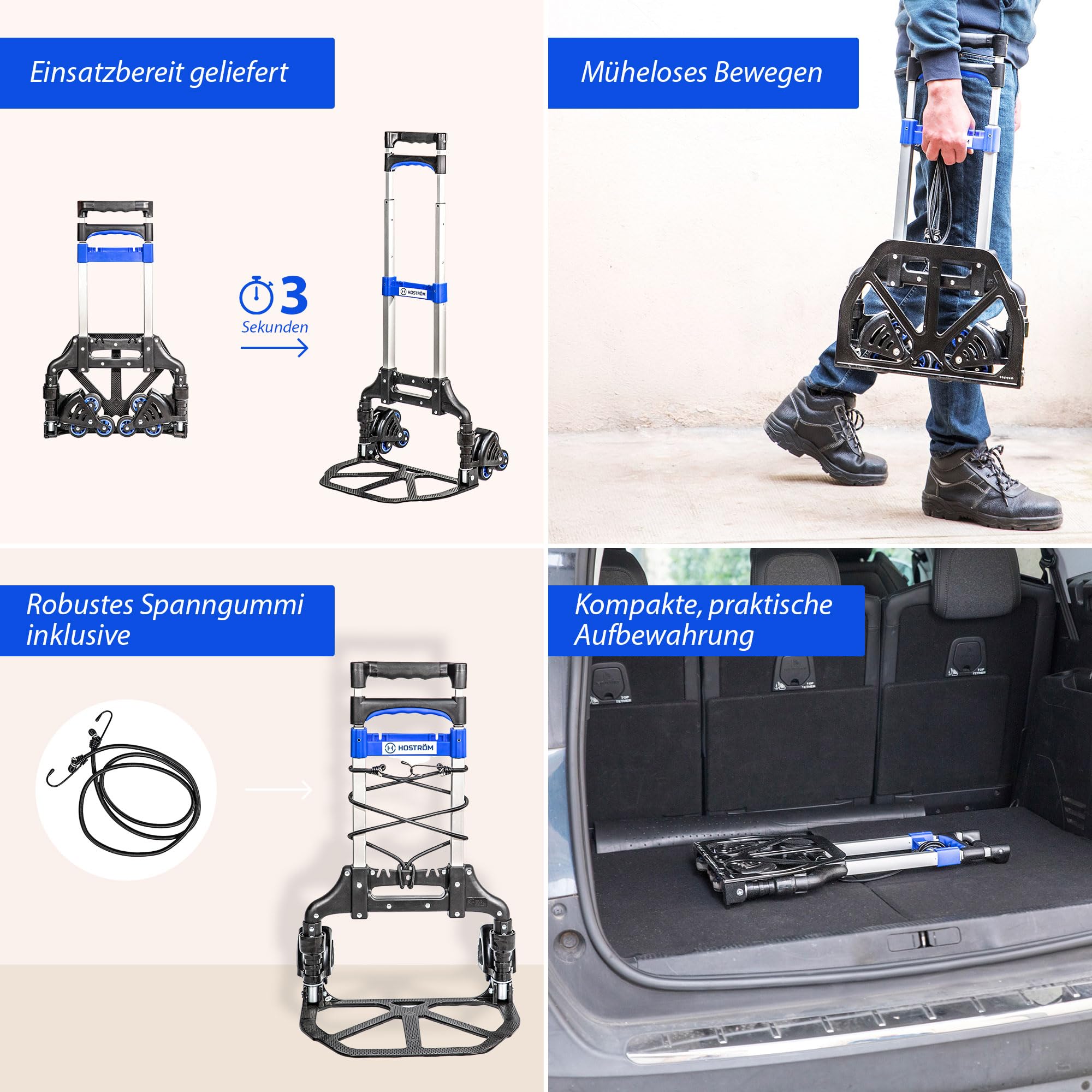 HOSTRÖM Treppensteiger Sackkarre klappbar – Aluminium Transportkarre mit 3-Rad-System, Teleskopgriff, Tragkraft 60 kg, kompakt, 5 Jahre Garantie