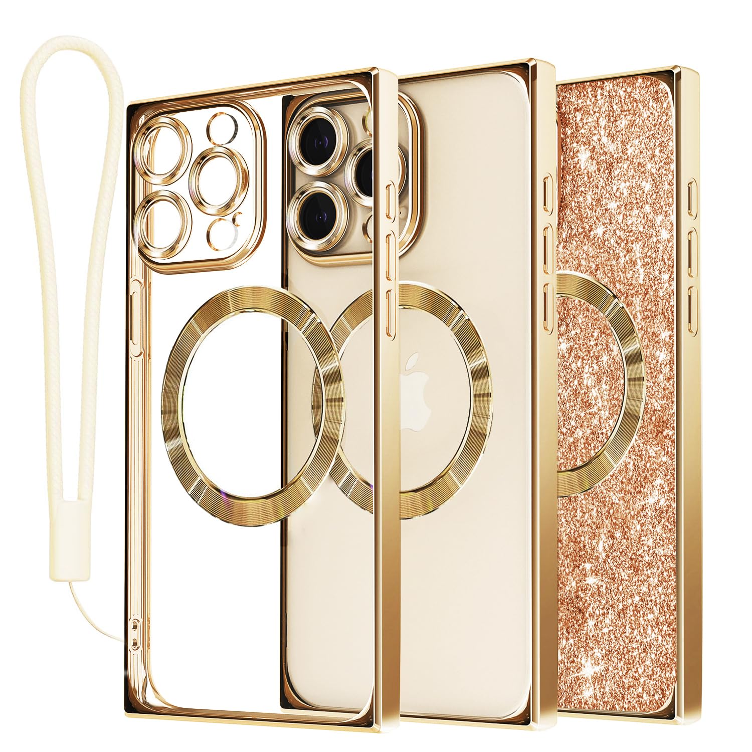 for iPhone 15 Pro Max Square Case Compatible with MagSafe,[Glitter Card & Wrist Strap] Full Protection Magnetic Shockproof Case with Camera Lens Protector for Women Girl Gold