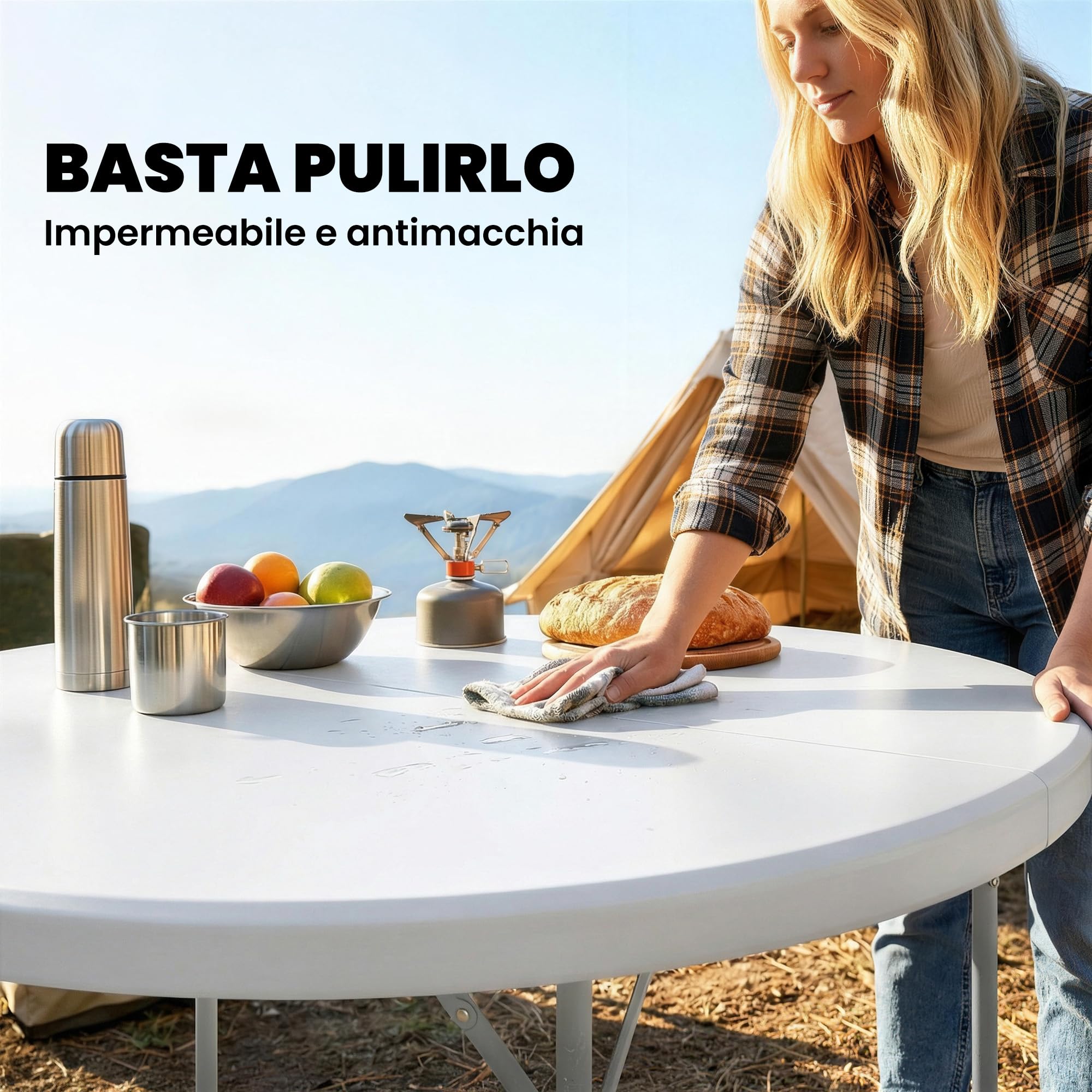 Outsunny Tavolo da Campeggio Pieghevole Rotondo, Tavolino da Esterno Richiudibile con Telaio in Metallo e Piano in HDPE, per Giardino, Terrazzo, Pic Nic, 120x120x74 cm, Bianco