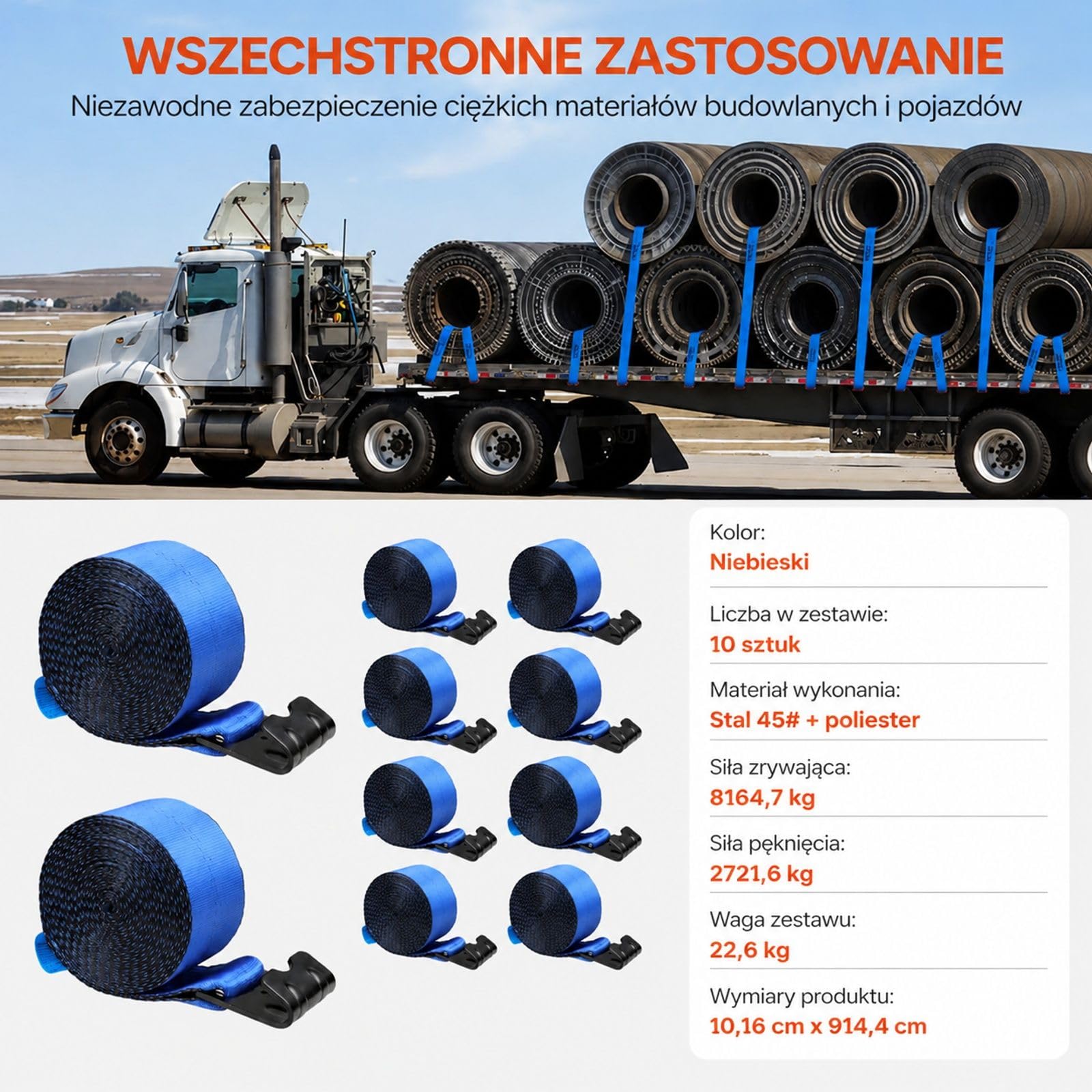 Pasy wyciągarkowe do ciężarówek z płaskim hakiem, zestaw 10 sztuk, niebieskie, do holowania