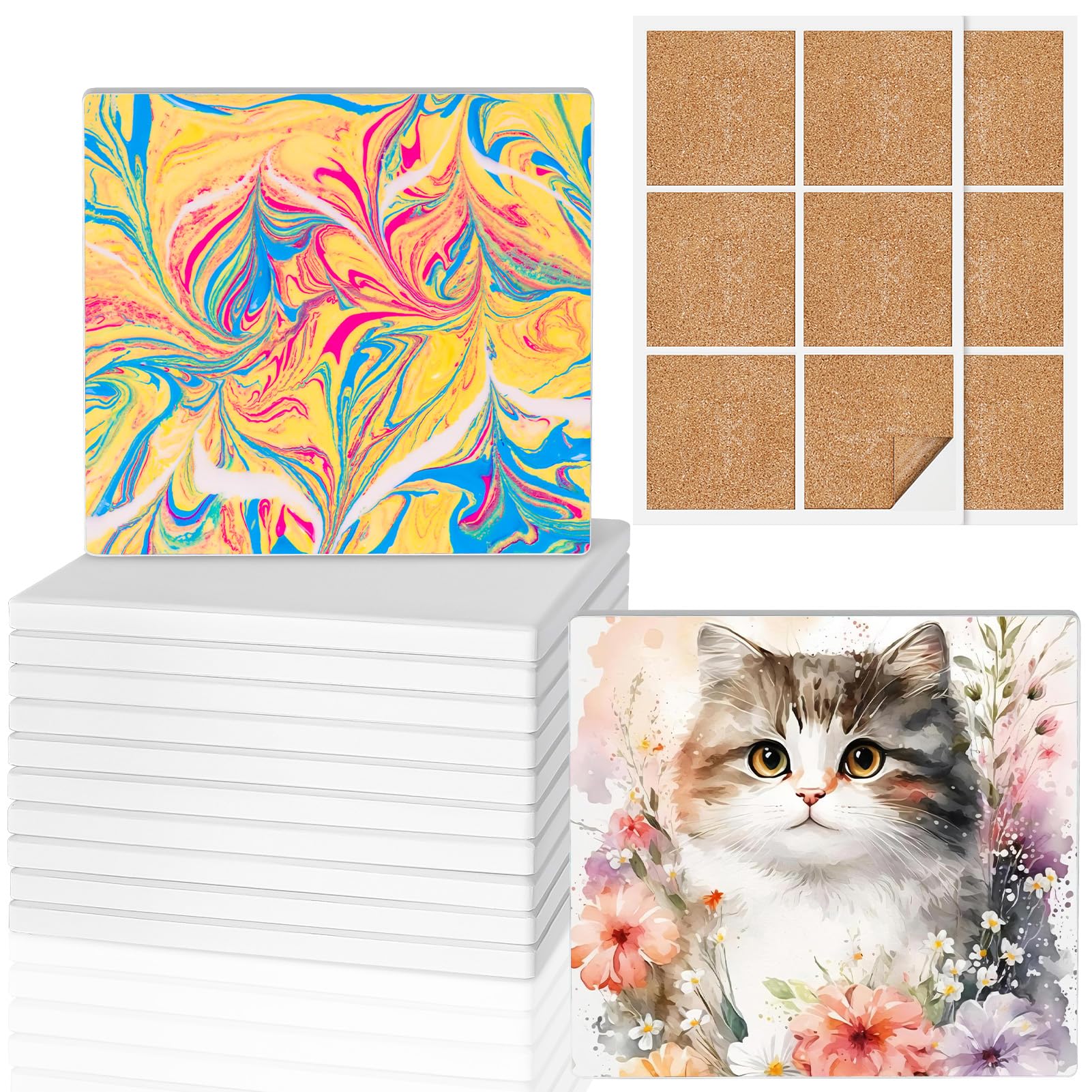 Ceramic Tile for Crafts Coasters, GOH DODD 12 Pack 4 Inch Blank Coasters Unglazed Ceramic White Tiles with 12 Pack Cork Backing Pads for Painting, Alcohol Ink, Acrylic Pouring, DIY, Mosaics, Square-image-13