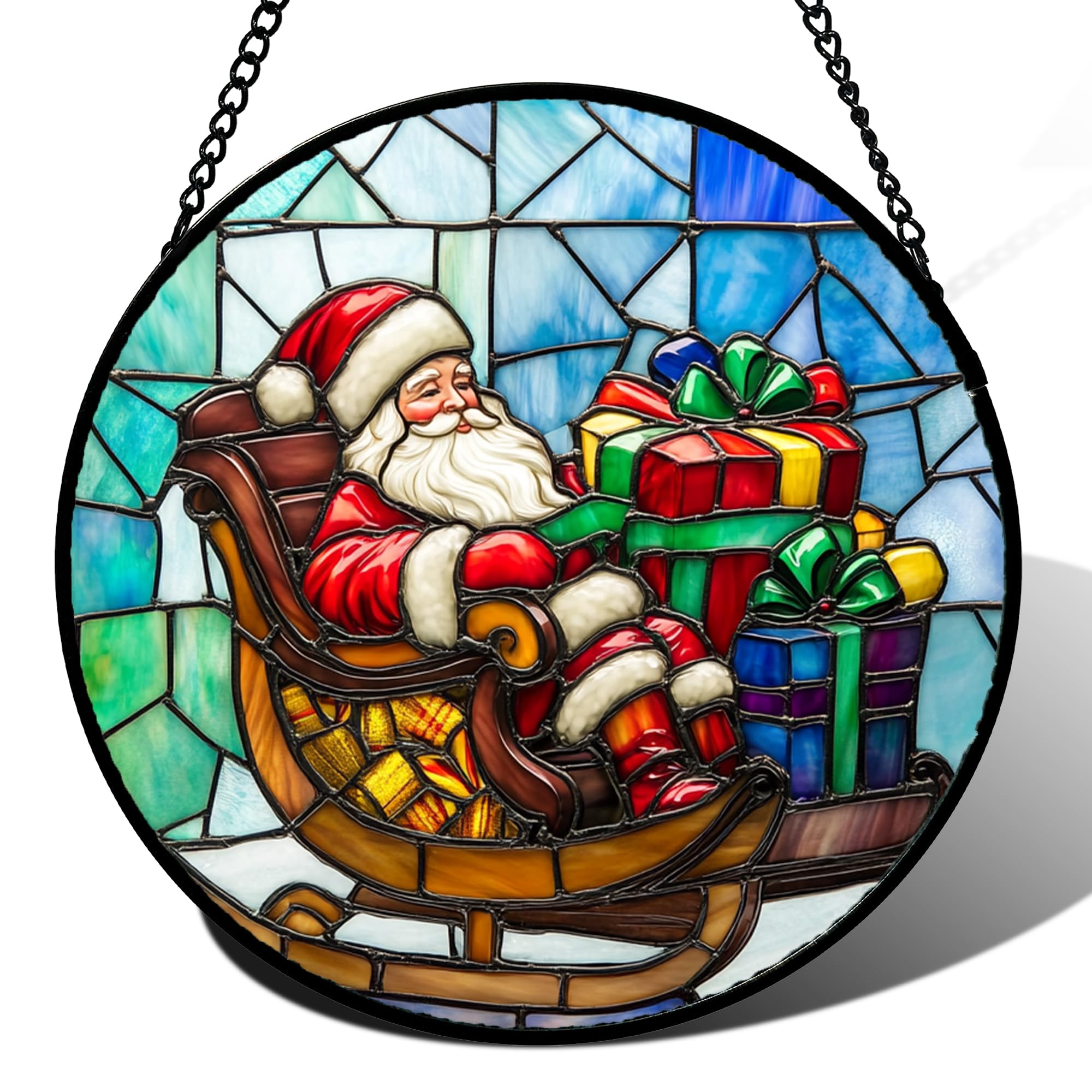 Christmas Jolly Santa Stained Glass Window Hanging Suncatcher Gifts 6.3"