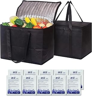 2 pièce Grand Sac Isotherme （40L+40L） + 10 pièce banquise，Noir Sac Isotherme Courses（41x26x33cm），Pliable Sacs isothermes，glacière，Courses surgelés