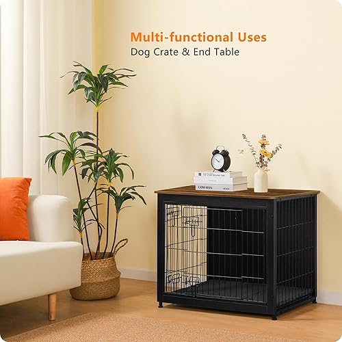 Vista 125 de DWANTON Mueble de jaula para perros con cojín, caja de madera para perros con puertas dobles, muebles para perros, perrera de interior, mesa Negro