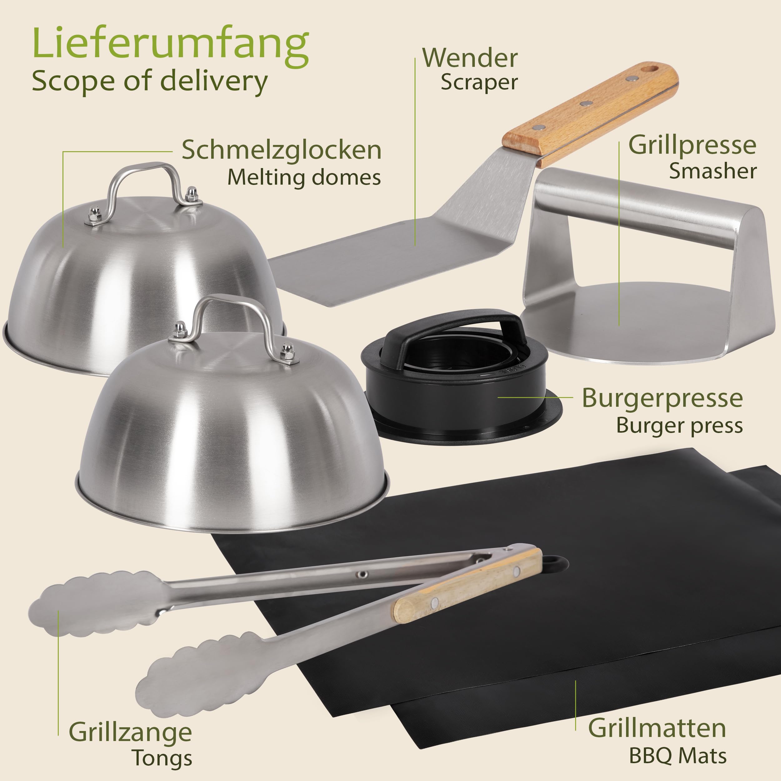 ONVAYA® Burger Set ǀ 8 Teile inkl. Edelstahl Burgerglocke und Smash Burgerpresse ǀ Smash-Burger-Set mit Grillmatte, Wender und Schmelzglocke ǀ Burger Smasher ǀ Grillglocke