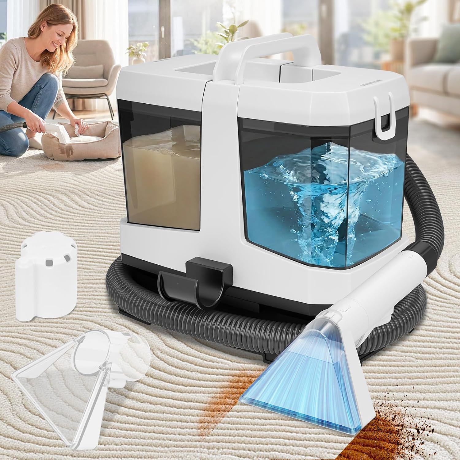 Portable Carpet & Upholstery Cleaner Machine, 800W Brushless Motor 16KPa Powerful Suction Self-Cleaning with 3 Brush Heads, Deep Cleaning Spot Shampooer for Pet, Sofa, Couch, Car & Area Rugs