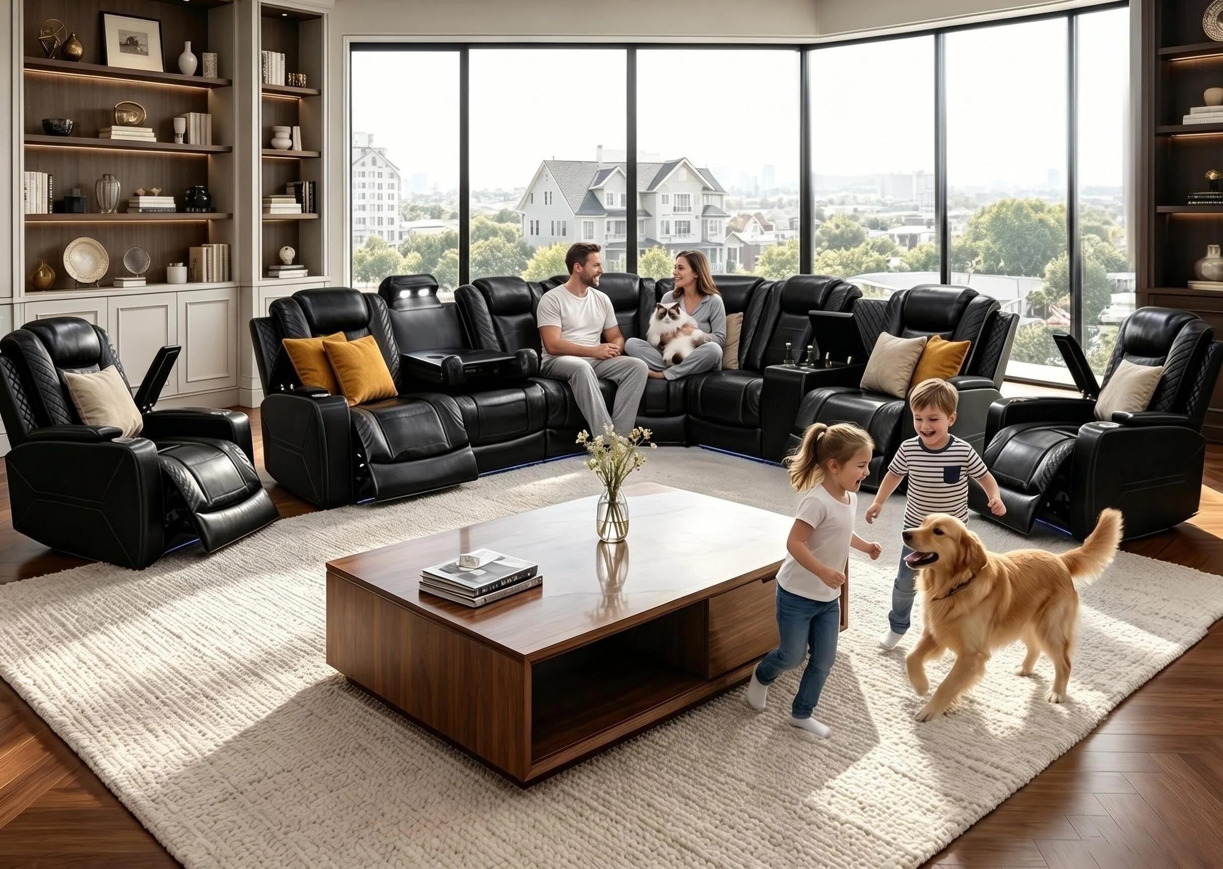 Power Reclining Sectional Sofa Set with LED, Living Room Furniture Sets, Leather Recliner Couch for Living Room/Home Theater, Sectional Couch and Chair with 4 Recliners, USB Port/Hide-Away Storage view 7