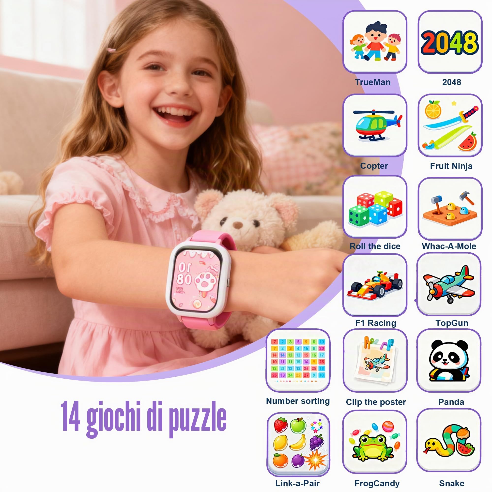 Smart Watch per bambini per ragazzi e ragazze, orologio per ragazze IP68 con oltre 20 modalità sportive, tracker fitness per bambini da 1,8 pollici con cardiofrequenzimetro del sonno, 14 giochi, passo