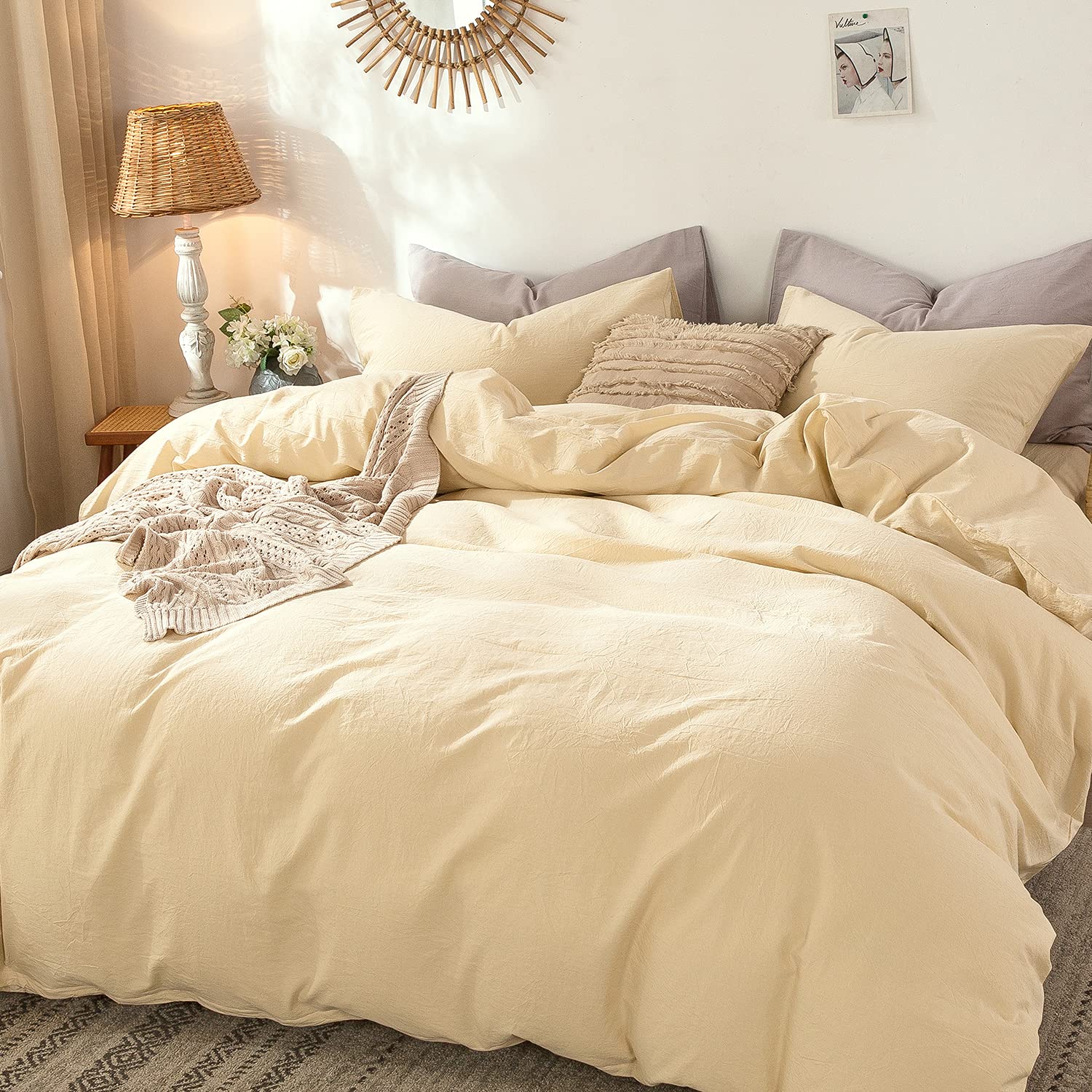 MooMee Bedding Duvet Cover Set 100% Washed Cotton Linen Like Textured Breathable Durable Soft Comfy (Tannish Linen Grey, King) — view 122