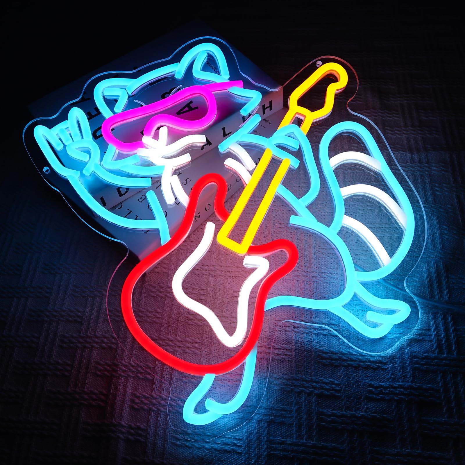 Waschbär Gitarre Neon Schild Rock Musik Led Neonschild Wand Lustig Neon Sign USB Led Schild für Spielzone Bar Live Musik Studio Büro Garage Schlafzimmer Zimmer Party Laden Geschenk