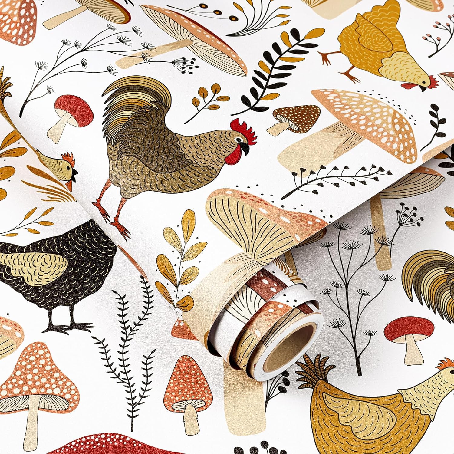 FunStick 44.5CMx9M Papel Pintado Pared Blanco Botanico Setas Vinilos Autoadhesivos para Pared Cocina Salón Vinilo Adhesivo Blanco Beige Papel Adhesivo para Muebles Armario Animales Pollo de Granja
