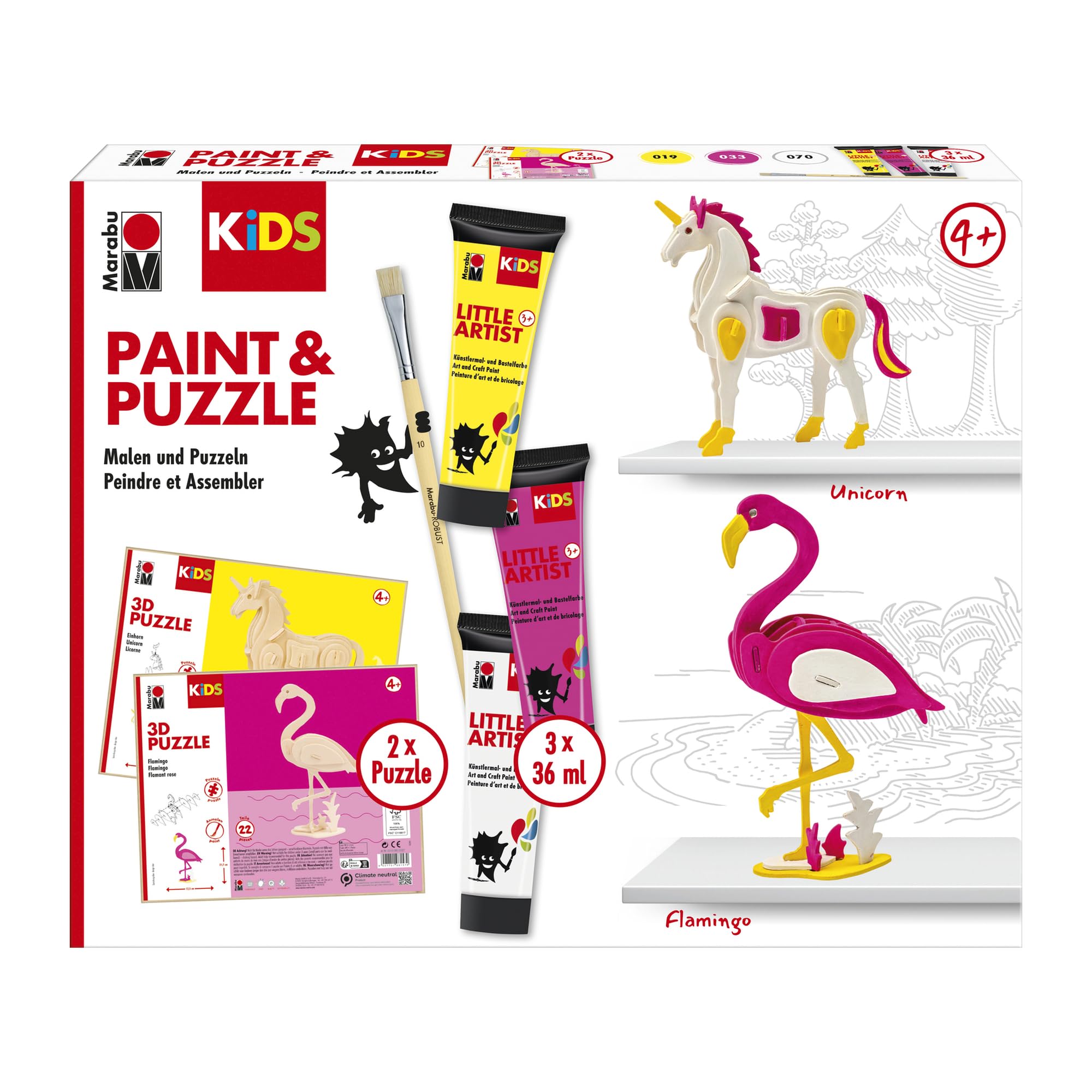 Marabu Kids Little Artist Paint & Puzzle - Unicorn & Flamingo - A Model Kids Craft Puzzle Kit for Kids & Adult - Includes 2 Puzzles & 3 Kids Paint Colours -Wooden Piece Puzzle Box Craft Kit