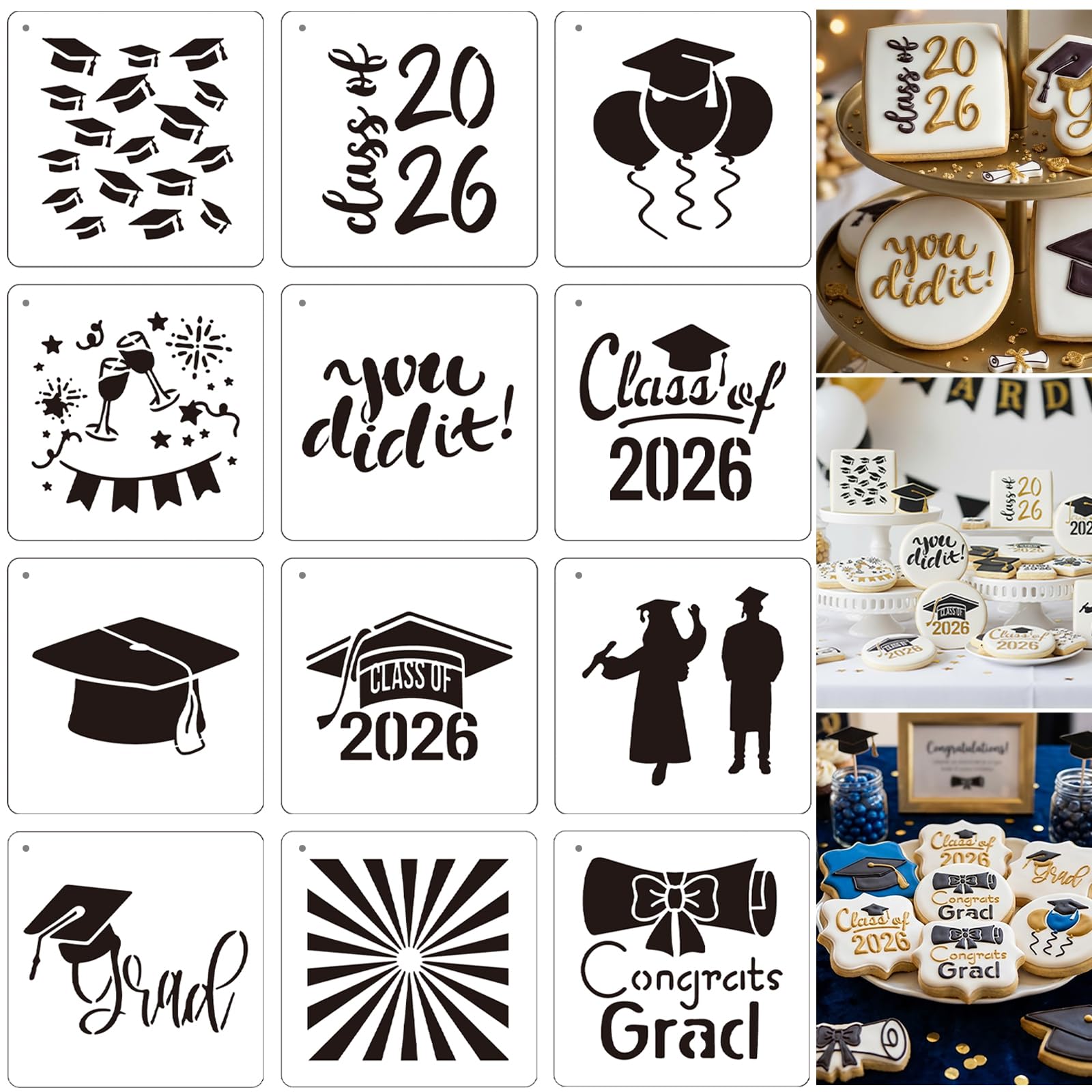 Photo 1 of 12PCS Graduation 2026 Cookies Stencils, 4Inch Class of 2026/Congratulations/Graduation Balloons/You did it/Grad for Baking, Royal Icing, Sugar Cookie, Cupcakes, Cards Decorating Tools