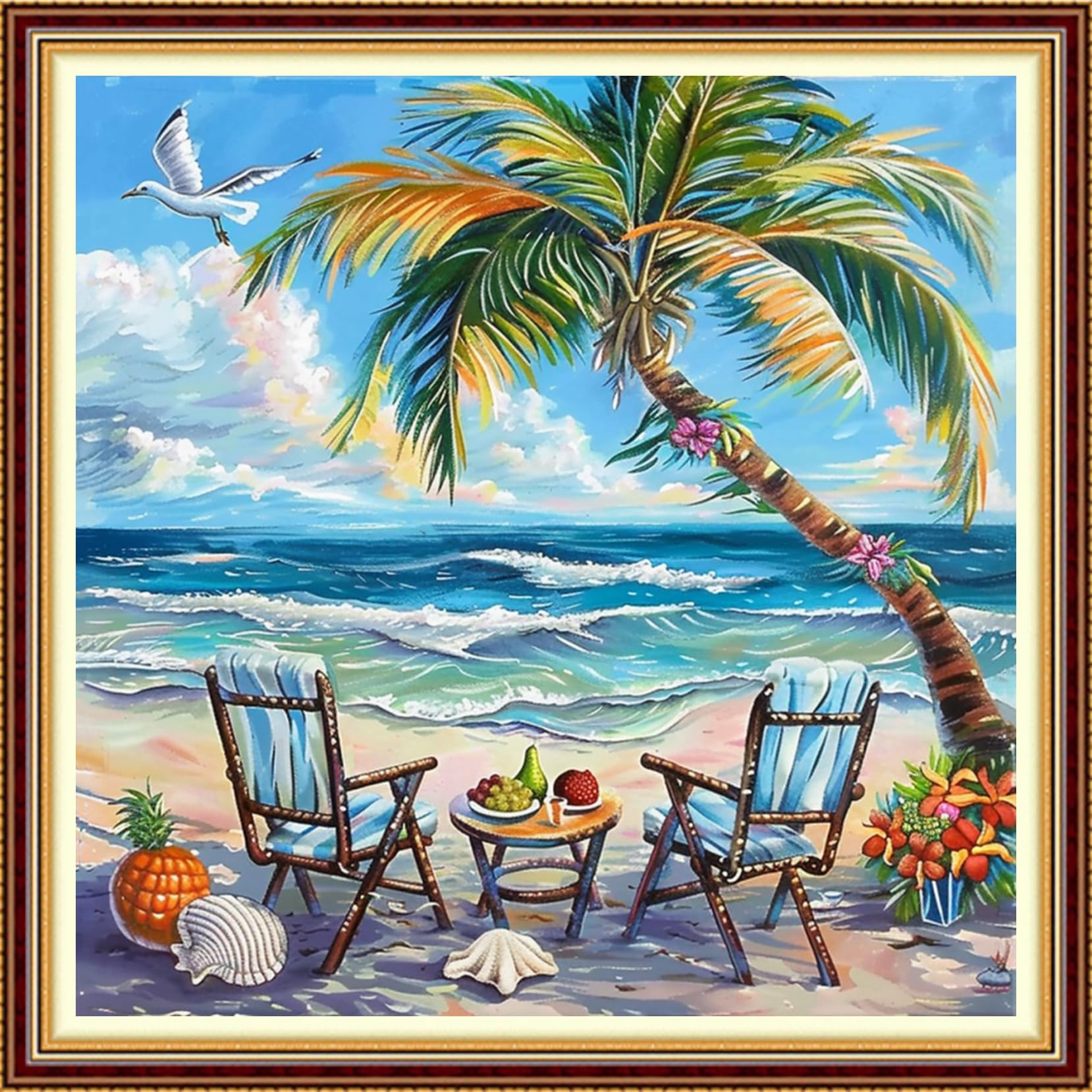 Fanxvivy Stamped Counted Cross Stitch Kits for Adults Printed Cross-Stitch Patterns 11CT Stamped or Counted Cross Stitching Embroidery Kit Needlepoint Kits-Afternoon Tea by the Sea 18x18 inch