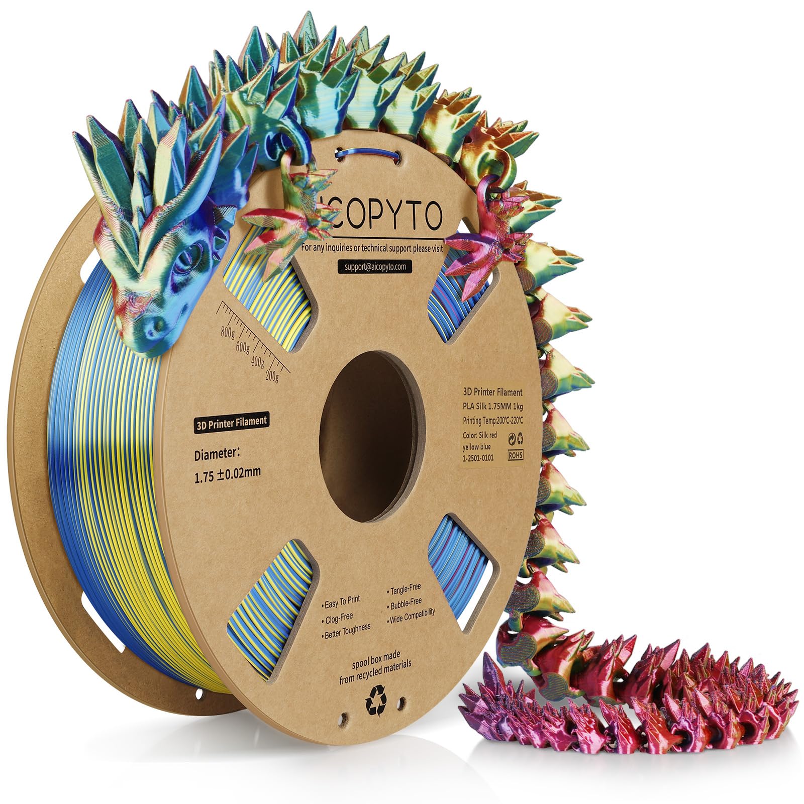 3D Printer Silk PLA Filament 1.75mm, Shiny Triple Color Red Yellow Blue, Dimensional Accuracy +/- 0.02 mm, 1KG (2.1lbs)/Spool Easy to Print for Most FDM 3D Printers