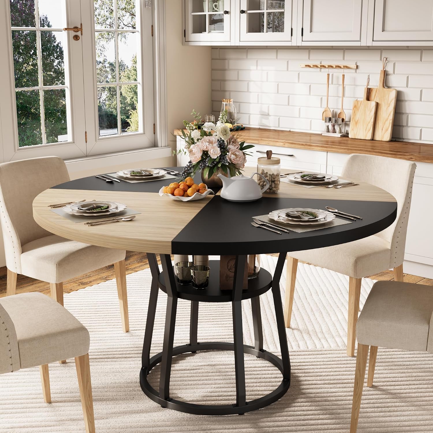 Round Dining Table for 4, 47.2'' Farmhouse Wooden Kitchen Table with Storage Shelf & Cross Base, Space Saving Circle Dinner Table, Rustic Kitchen & Dining Room Furniture for Living Room, Dining Room