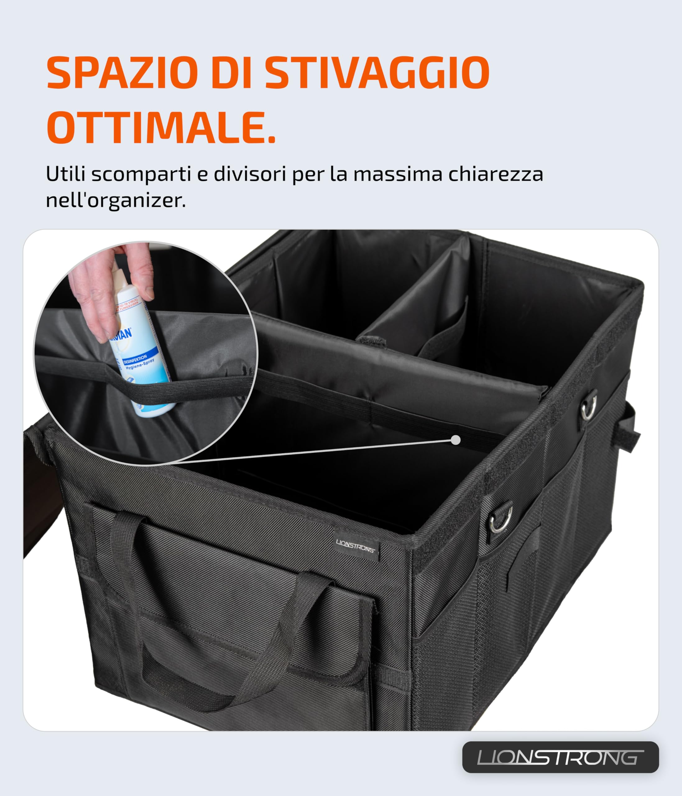 LIONSTRONG® Box Organizer da Bagagliaio – Contenitore pieghevole e antiscivolo con maniglie e scomparti per city car, berline e SUV – Ideale per spesa, attrezzi e viaggi – Robusto e compatto
