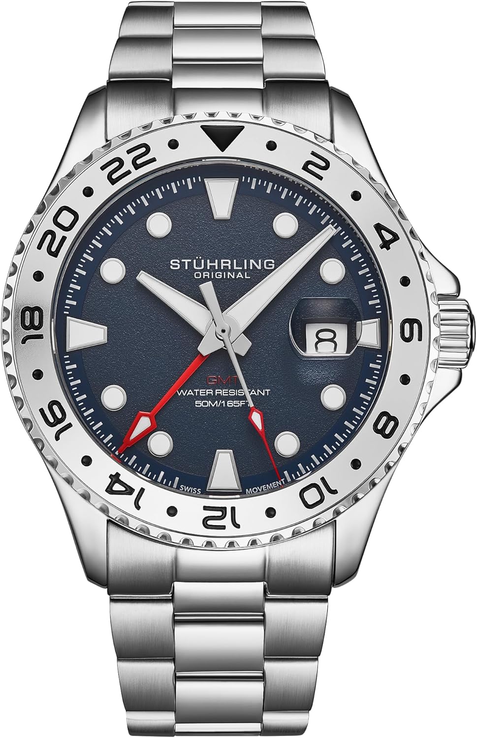 Stuhrling Original Equinox GMT 4077 Men's Quartz GMT Watch – Dual-Time Movement, Bi-Directional Bezel, Stainless Steel Bracelet
