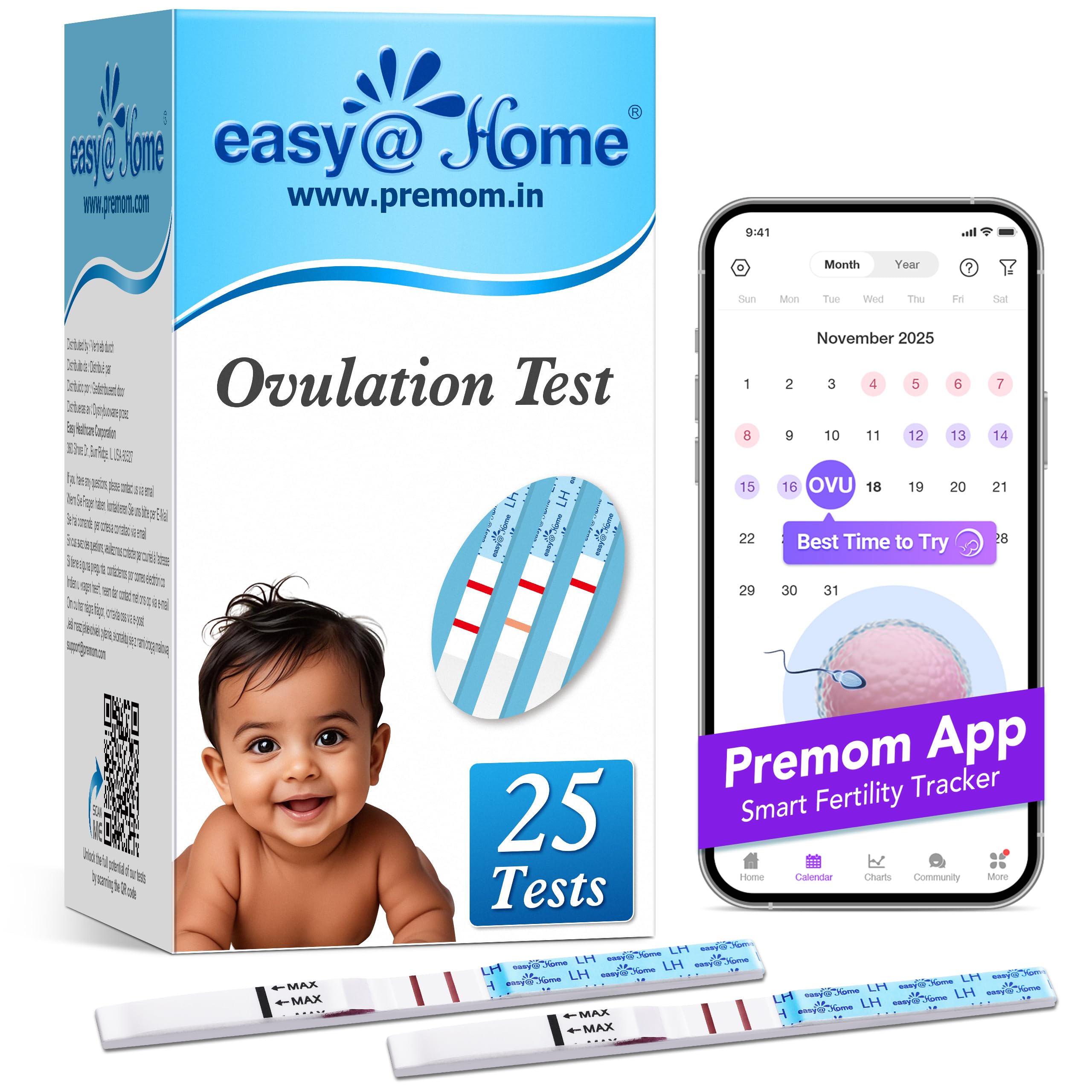 Easy@Home Ovulation Test Kit: 25 Pack LH Test Strips for Women Planning Pregnancy - Precise LH Detection in Just 5 Mins - Reliable Ovulation Predictor with Premom App Support