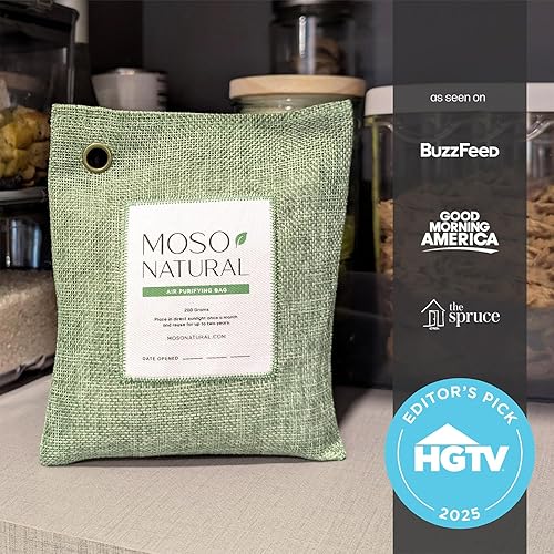 Vista 5 de Moso Natural Bolsa purificadora de aire de 7.05 oz (paquete de 5). Un eliminador de olores sin olor para automóviles, armarios, baños, áreas