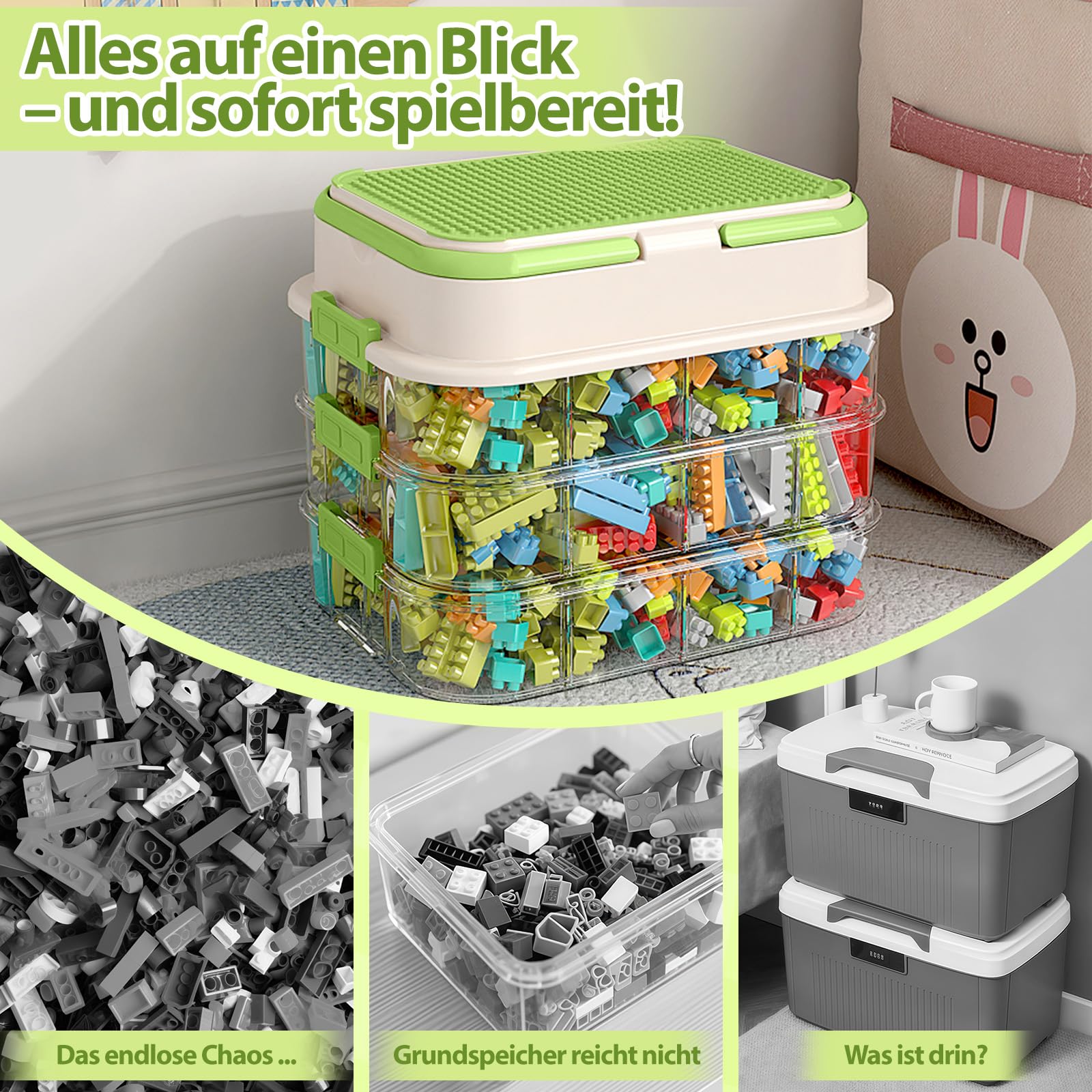 Sosisul Stapelbare Aufbewahrungsboxen für Legosteine mit Bauplatte und Deckel – Transparente Sortierbox mit 4 Etagen, Bausteine Kiste mit Griffen, 