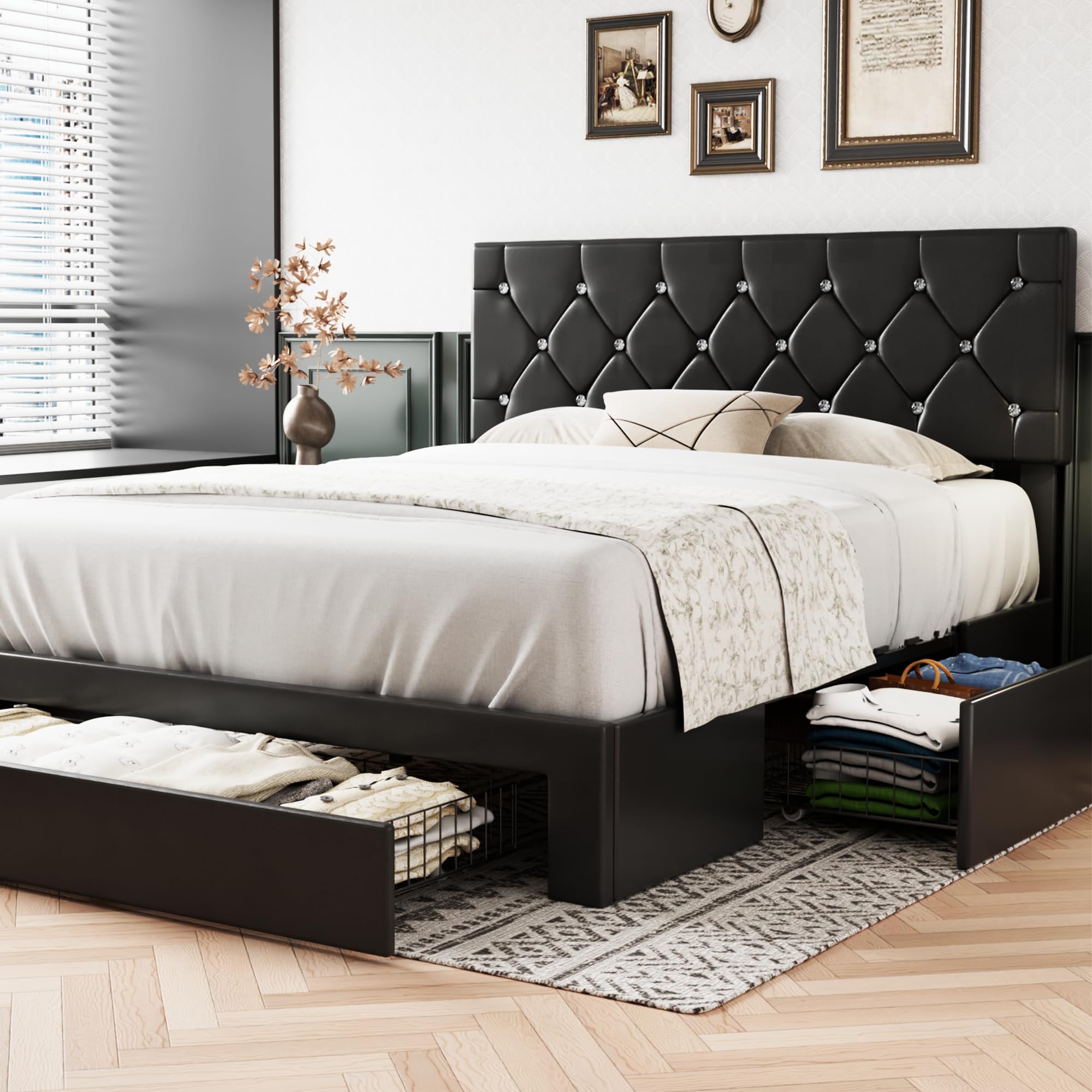 VECELO Full Size Bed Frame with 3 Storage Drawers, Leather Upholstered with Diamond Tufted Headboard, Solid Wood Slat Support & Steel Framework, PU &