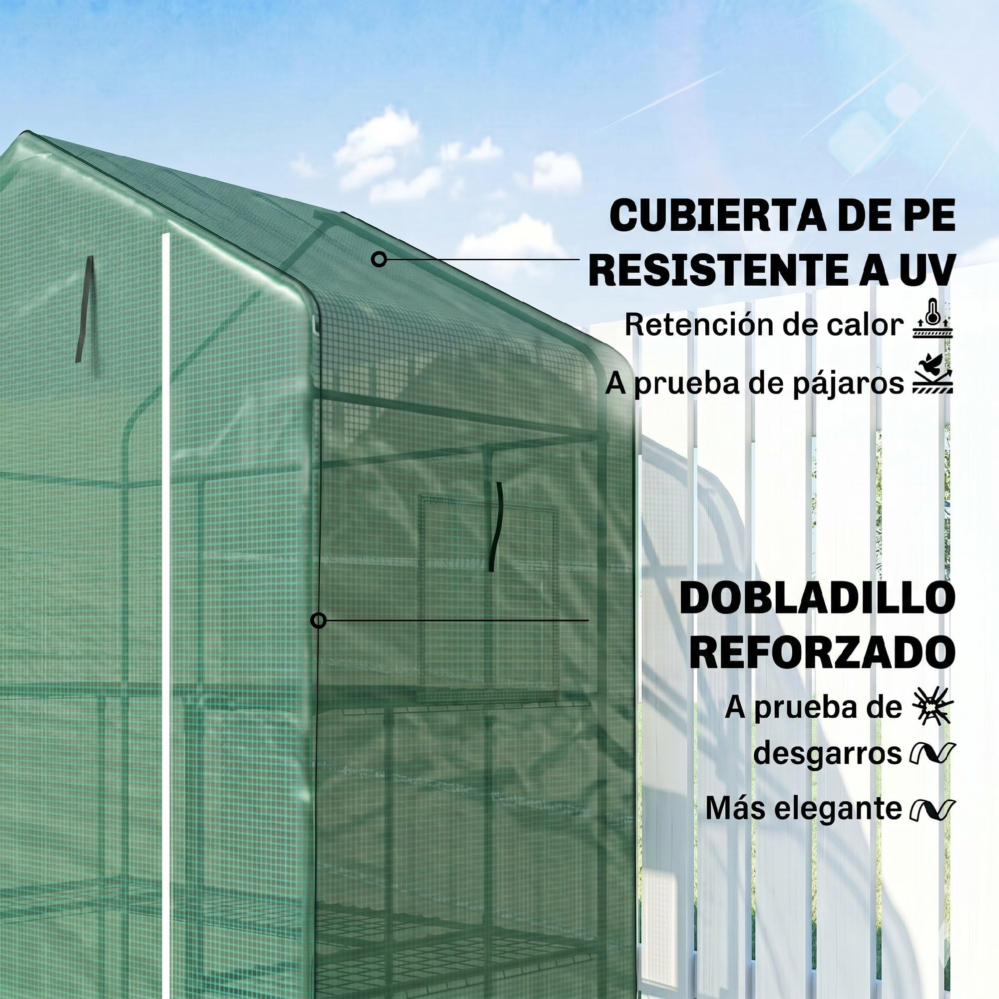 Outsunny Invernadero de Exterior de 3 Niveles Invernadero de Jardín con Puerta Enrollable 2 Ventanas Estantes en Forma de U para Cultivo de Plantas en Terraza Patio 140x73x190 cm Verde