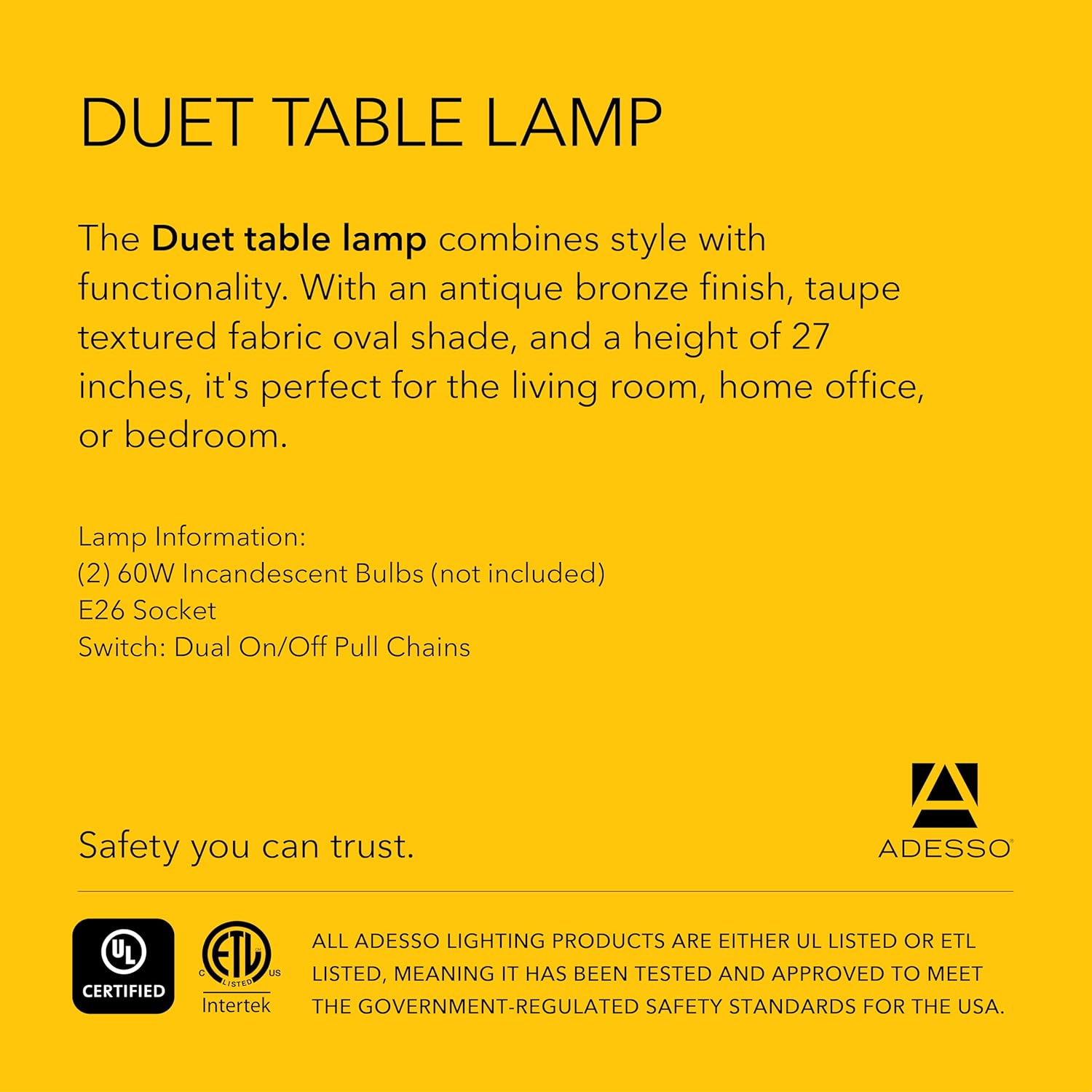 Adesso Duet Table Lamp with Dual Pull Chains, Antique Bronze Finish, Taupe Fabric Shade – 27” Tall, Versatile Bedside Table or Desk Lamp