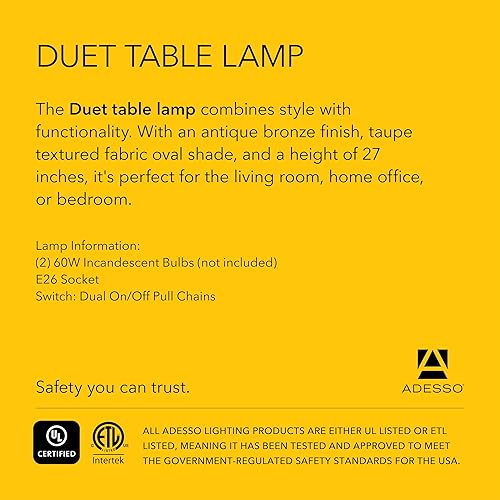 Miniatura 7 de Adesso Lámpara de mesa dúo con cadenas de doble tirón, acabado de bronce antiguo, pantalla de tela gris topo - 27 pulgadas de alto, versátil lámpara