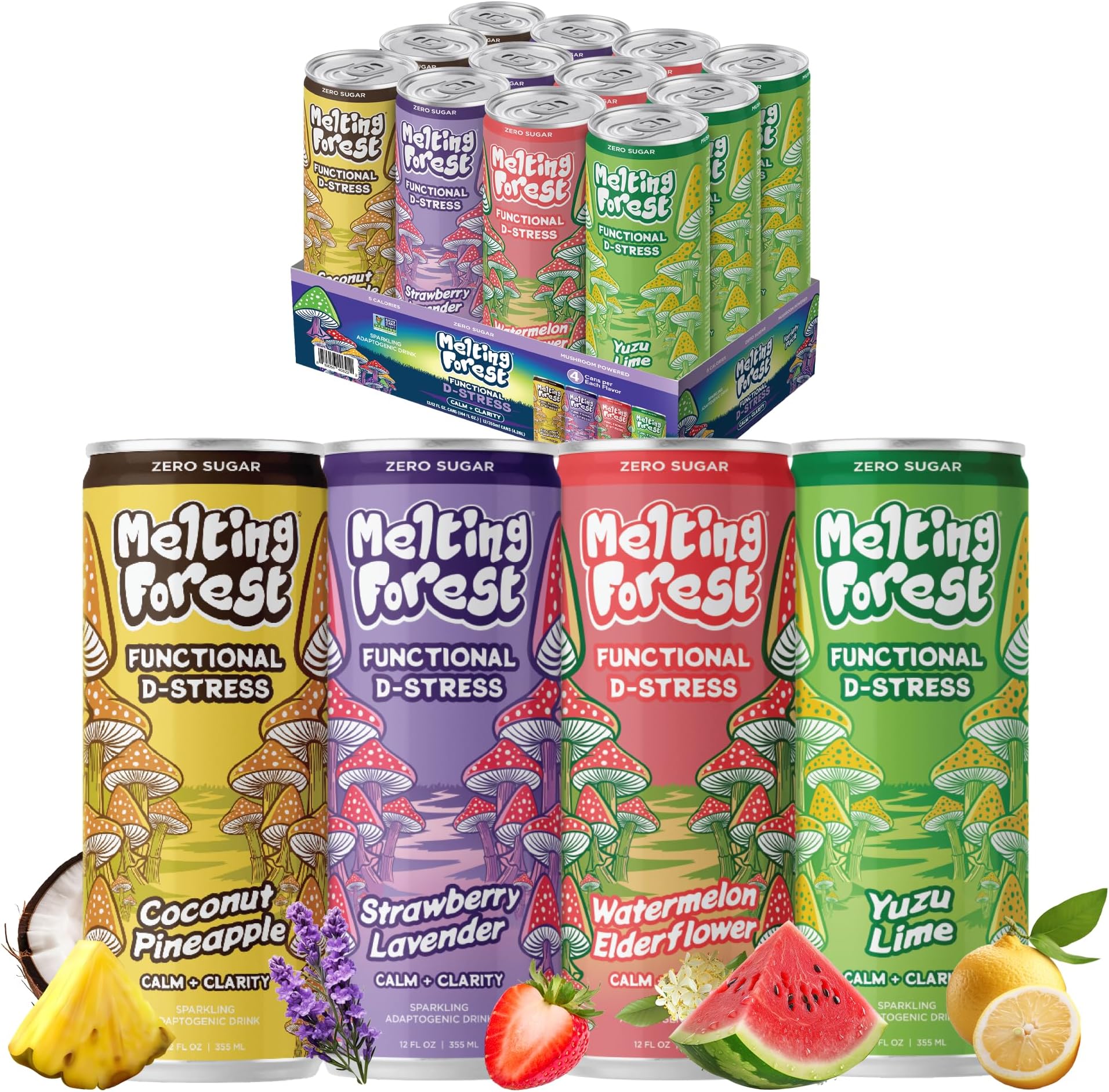 Mushroom D-Stress, Sparkling Adaptogen Drink with L-Theanine, Reishi, Lion's Mane and Magnesium, Zero Sugar, 5 Calories, Variety Pack (12-Pack)