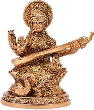 Kartique Brass Saraswati Idol Statue - 5 Inch Height, Golden Finish, Playing Veena, Ideal for Home Decor and Worship, Symbol of Wisdom and Knowledge