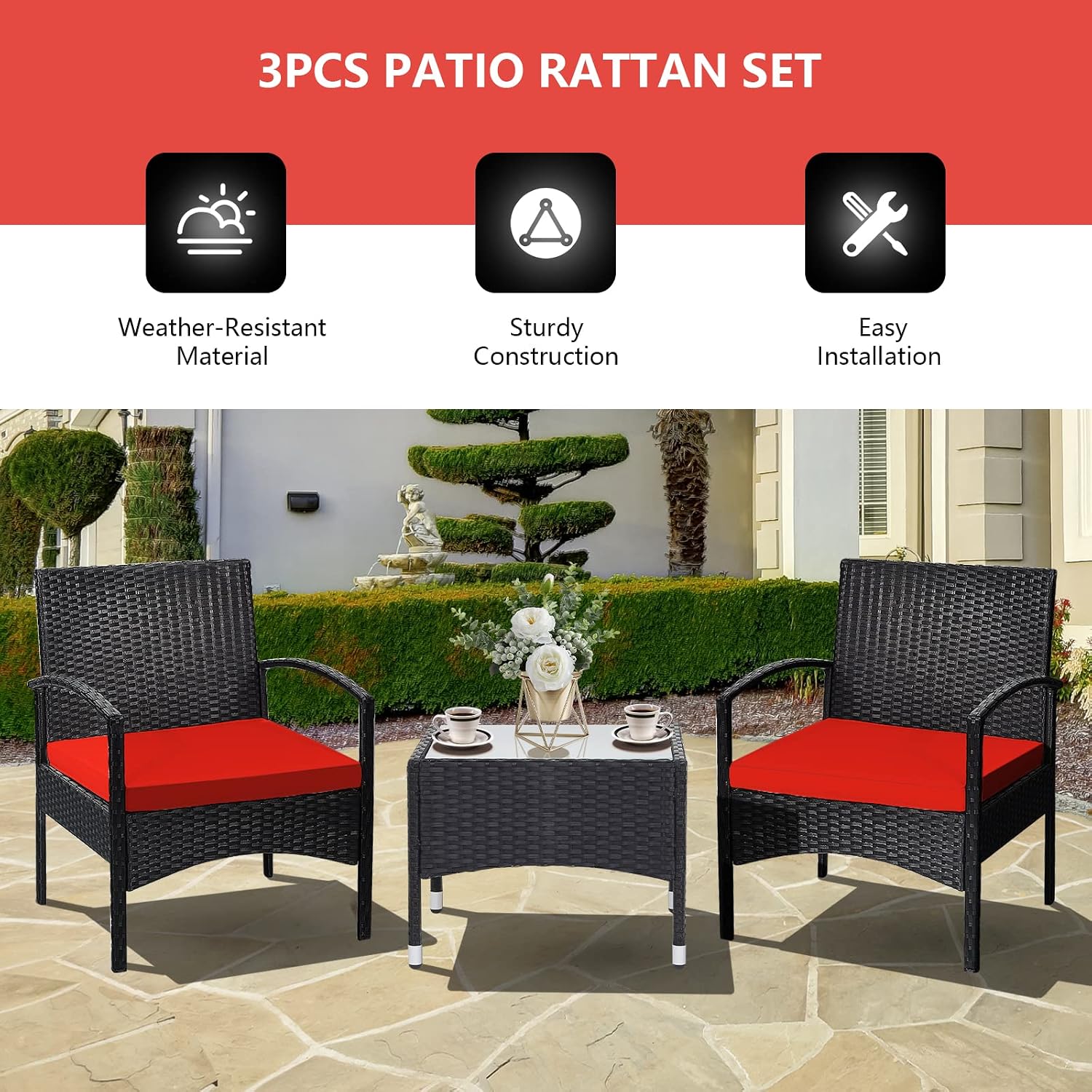 DORTALA 3 Piece Wicker Patio Furniture Set, Outdoor PE Rattan Conversation Set with Chairs & Coffee Table for Patio Garden Lawn Backyard Pool, Red