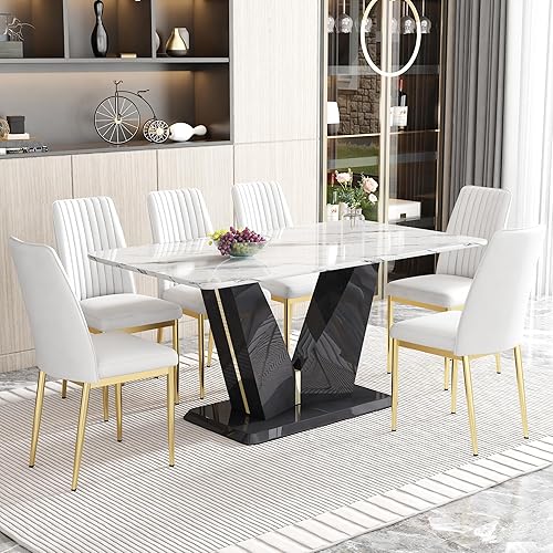 Miniatura 14 de Juego de mesa de comedor de mármol para 6, 7 piezas, juego de mesa de comedor rectangular moderna de 63 pulgadas para 6, juego de comedor de 6 Mesa