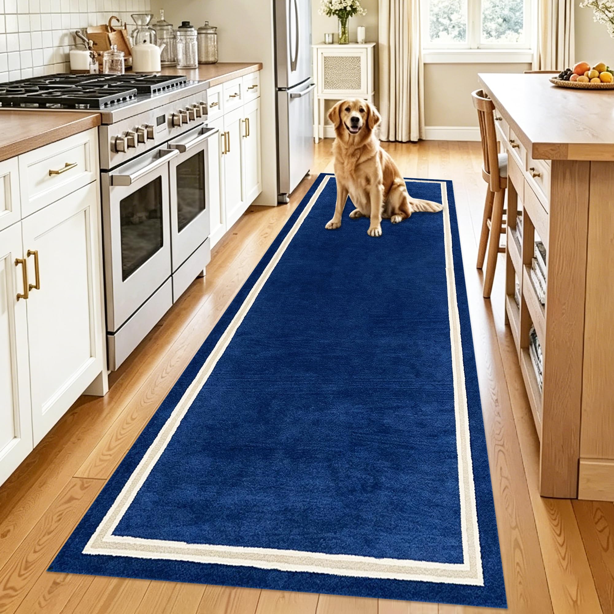 Alfombra corredor de poliéster azul 80x180 cm lavable que no se mueve para entradas y pasillos