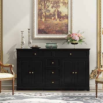 AIEGLE Black Kitchen Sideboard Buffet Cabinet with 4 Doors & 5 Drawers, 59.1" W Large Storage Cabinet Console Table Entryway Cupboard, Wood Buffet Server Bar for Dining Living Room