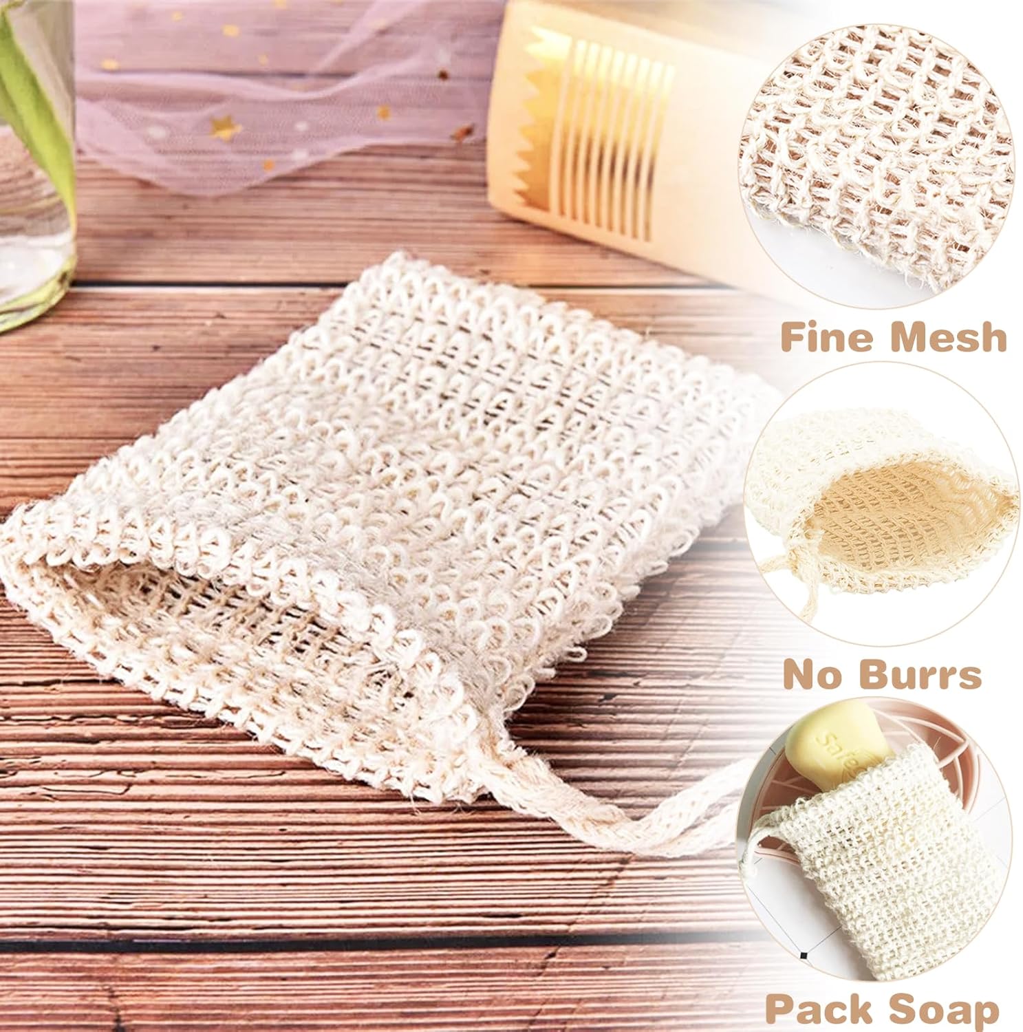 50 Pack Sisal Soap Saver Bag with Drawstring, Natural Cotton-Linen Exfoliating Net Pouch for Foaming and Drying, Travel Bar Soaps Mesh Bags Soap Savers for Bath and Shower Use - Image 4